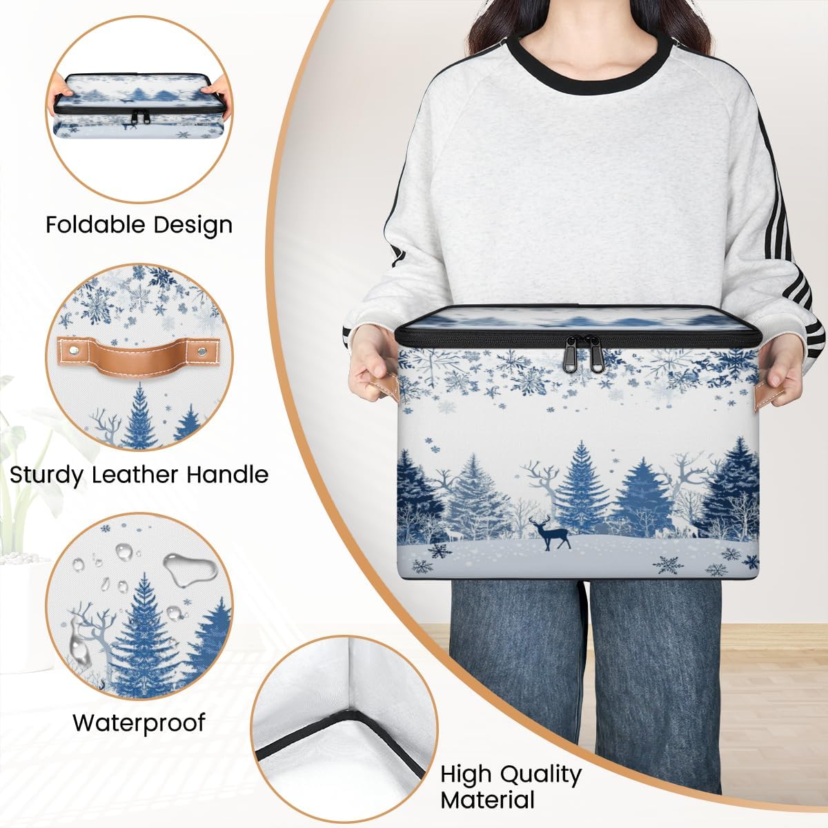 Storage Bin Set of 2 Winter Reindeer Snowflake Storage Basket with Zipper Lid & Handle Foldable Closet Shelf 2 Pack Cloth Organizer Basket Cube Bins for Bedroom, Nursery