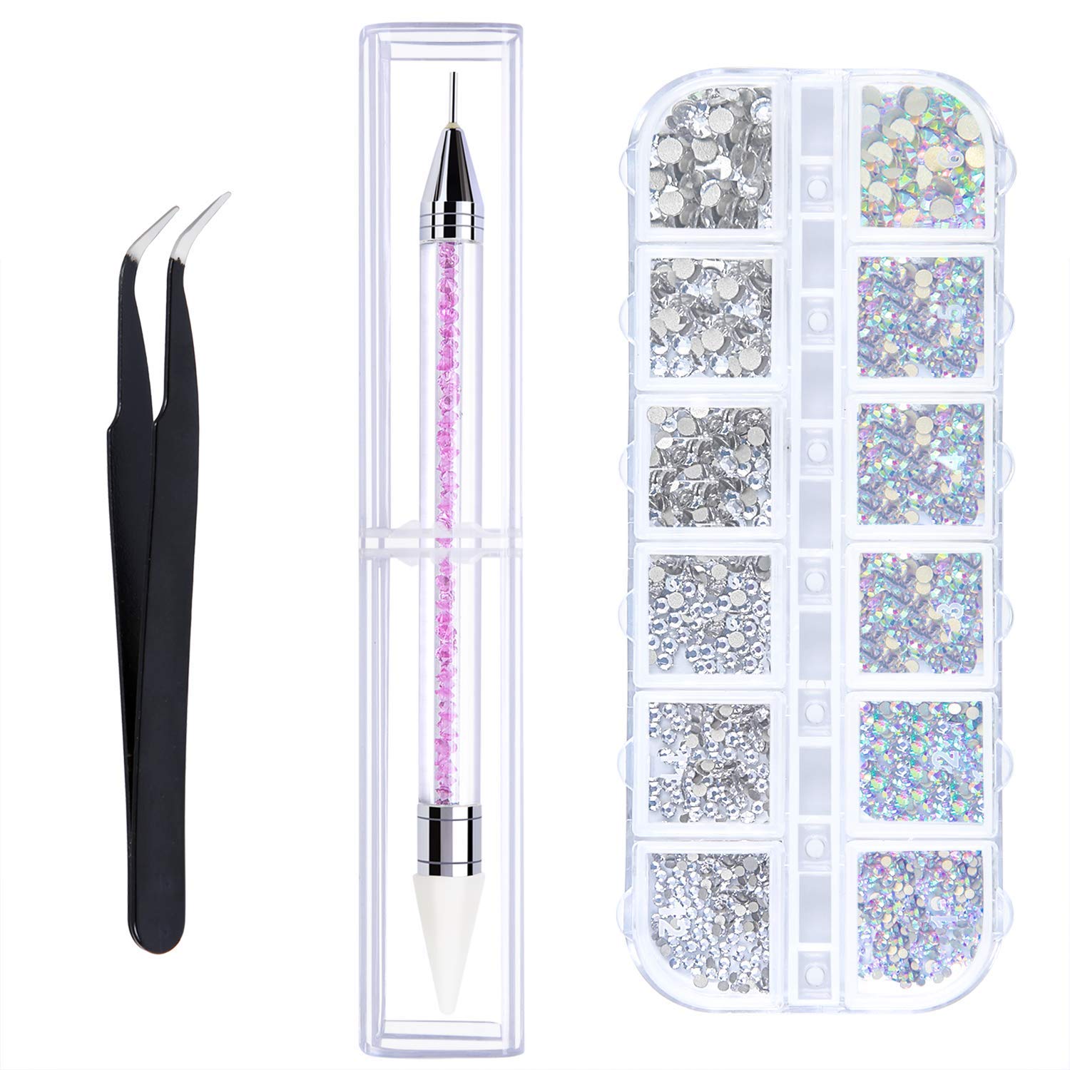 6 Sizes Crystals AB Nail Art Rhinestones and Clear Crystal Rhinestones with Pick Up Tweezer and Rhinestone Picker Dotting Pen, 2400 Pieces