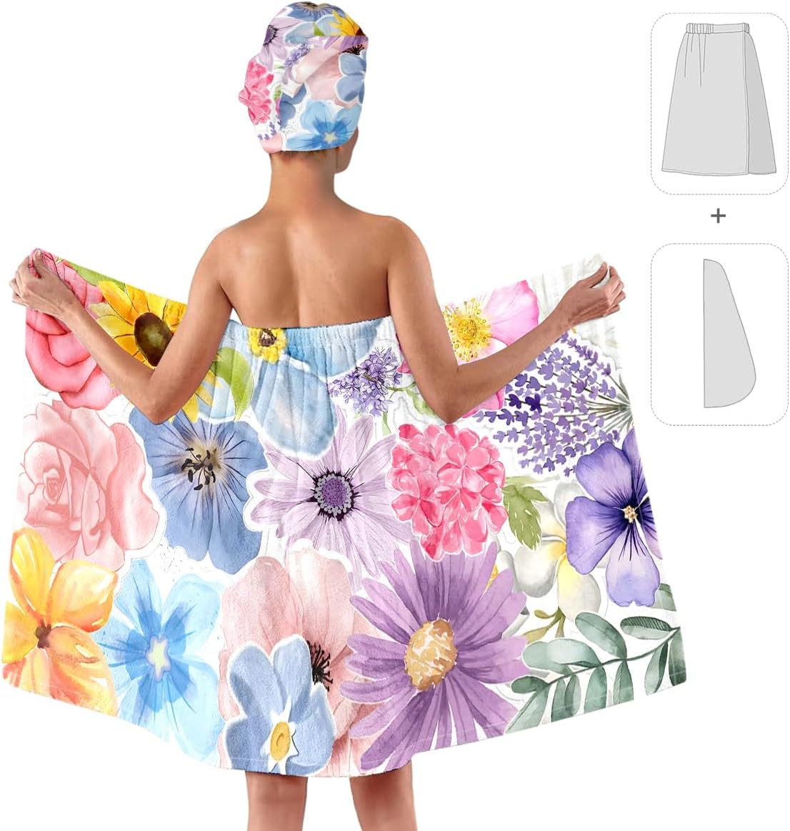 Women's Pink Floral Bath Wrap & Hair Towel Set - Soft Microfiber Spa Body Wrap with Snap Buttons, Absorbent Adjustable Shower Towel with Drying Turban for Gym, Sauna & Dorm (Floral 20)