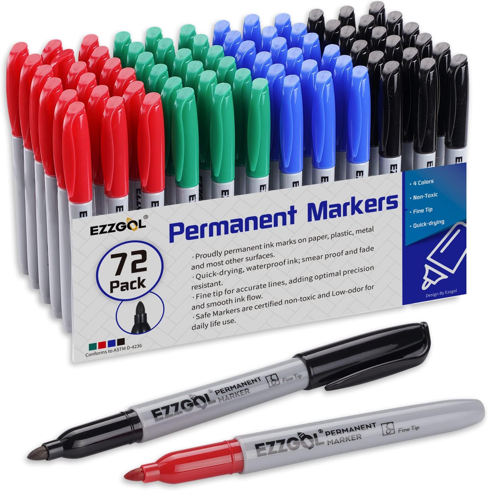Permanent Markers Bulk, Permanent Marker Bulk Pack of 72, 4 Assorted Colors, Fine Point Permanent Markers For Adult Coloring as Office, School Supplies