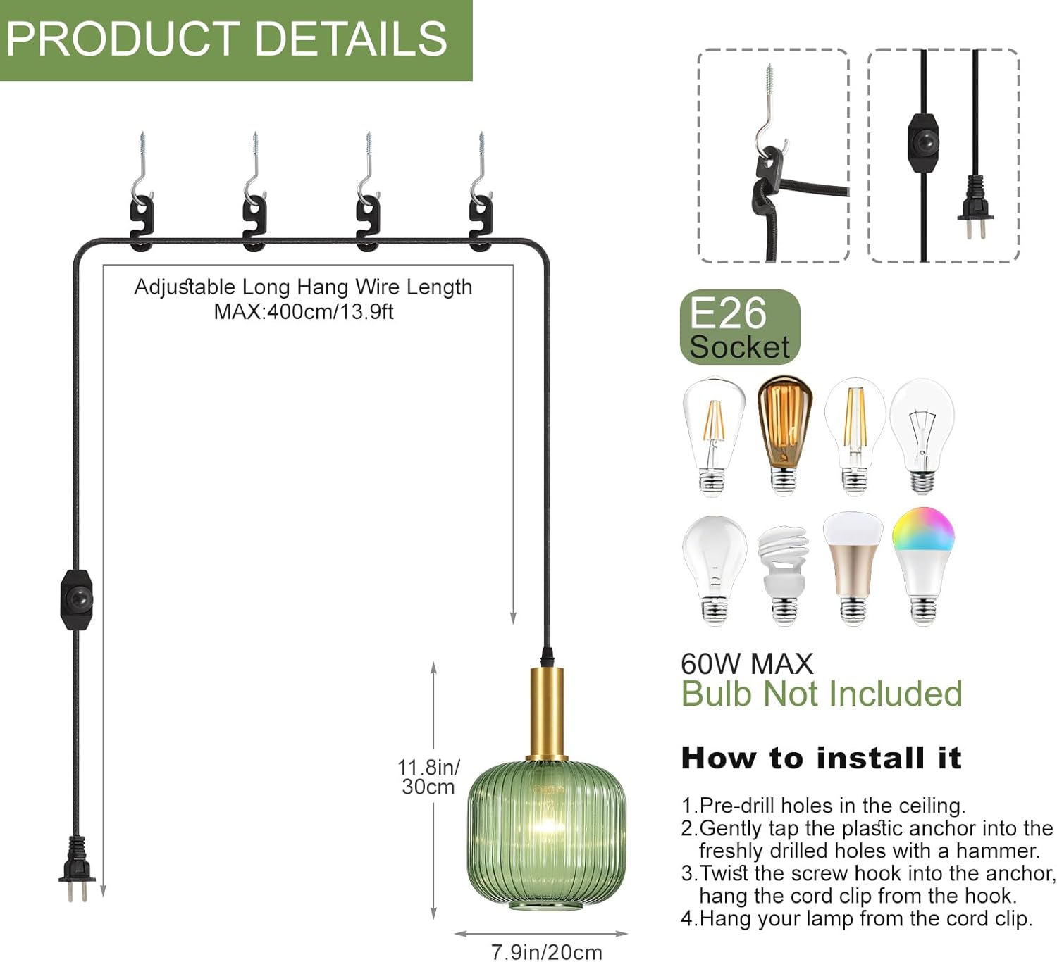 Plug in Pendant Light Fixtures, Green Glass Pendant Lights Kitchen Island, Mini Chandelier Pendant Lamp with On/Off Switch for Bedroom Corridor Dining Room