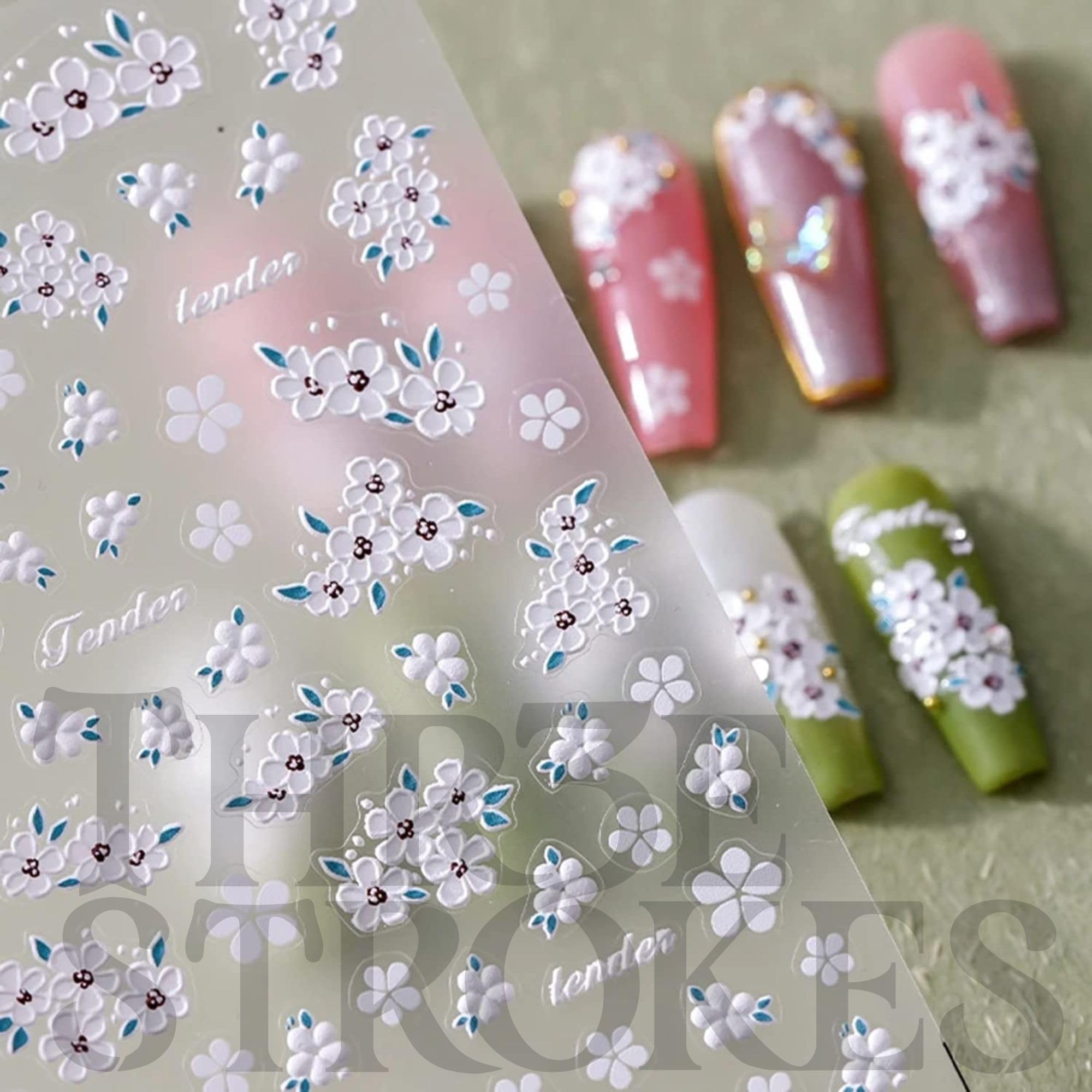 THR3E STROKES Flower Nail Art Stickers White Flower Nail Decals 5D Acrylic Engraved Nail Spring Summer Exquisite Design Nail Art Supplies White Flower for Nails DIY Nail Art D16 (1 Sheet)-image-36