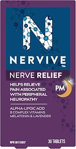 Nervive Nerve Relief PM, Helps Relieve Pain associated with Peripheral Neuropathy, Alpha Lipoic Acid ALA, Vitamins B1-Thiamine, B6, & B12, Melatonin, Chamomile, Lavender, 30-Night Supply, 30 Count