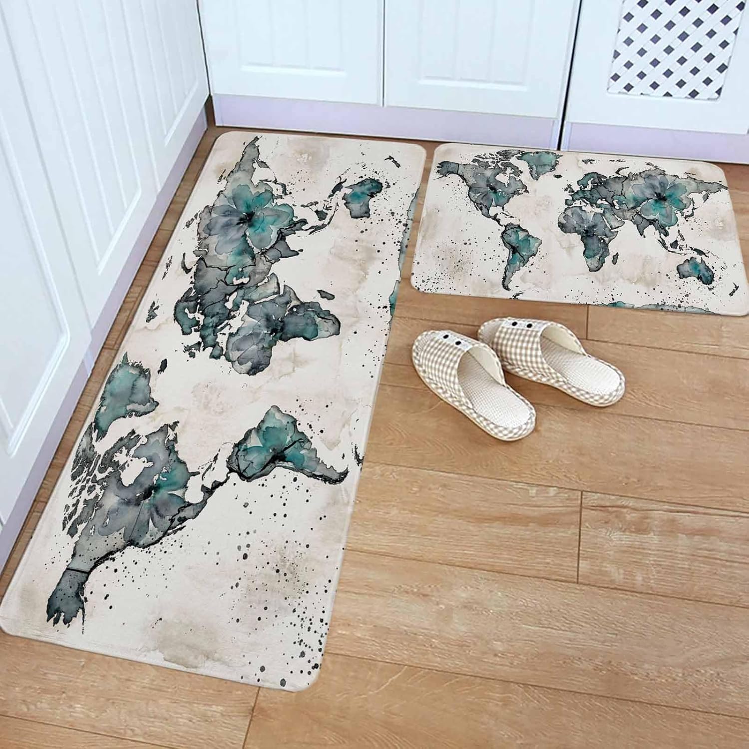 Vintage Map Kitchen Rugs and Mats Set of 2, Non-Slip Kitchen Sink Mat, Teal Flowers Color Block Abstract Washable Doormat Bathroom Rugs Runner for Bedroom/Living Room 19.7"x23.6"+19.7"x47.2"