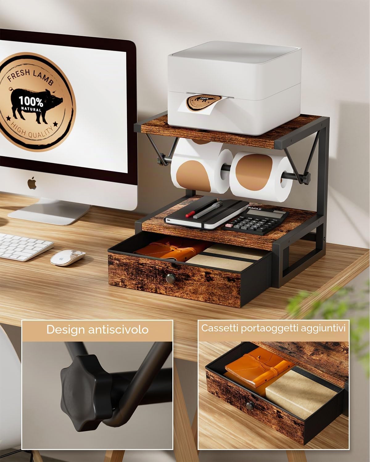 IBUYKE Supporto per etichetta rotoli e pieghevoli, supporto termico in legno per stampanti desktop, marrone TPS003H