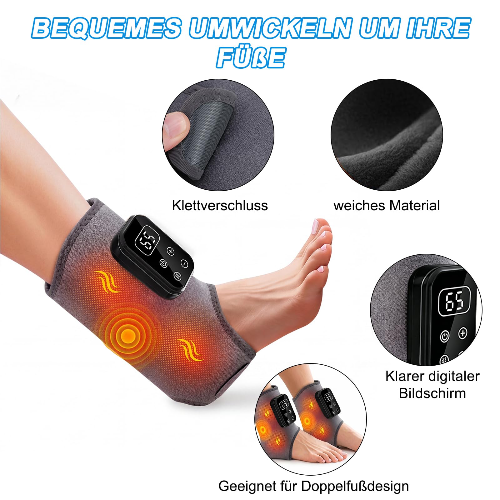 Fussmassagegerät,kabelloses elektrisches Fußmassagegerät für Schmerzlinderung & Durchblutung,3-in-1 Triple Therapy Foot Massager mit 2000mAh Akku,6 Heizstufen bis 65°C,Gesundheit Geschenk,2 Stück grau