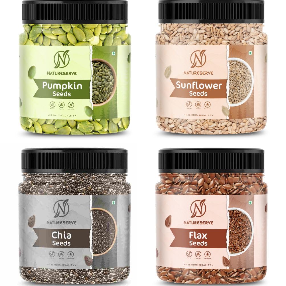 NATURESERVE Natural Raw Seeds Combo (Pack of 4-400g) | Pumpkin, Sunflower, Chia & Flax Seeds for Eating | Healthy Diet Snack