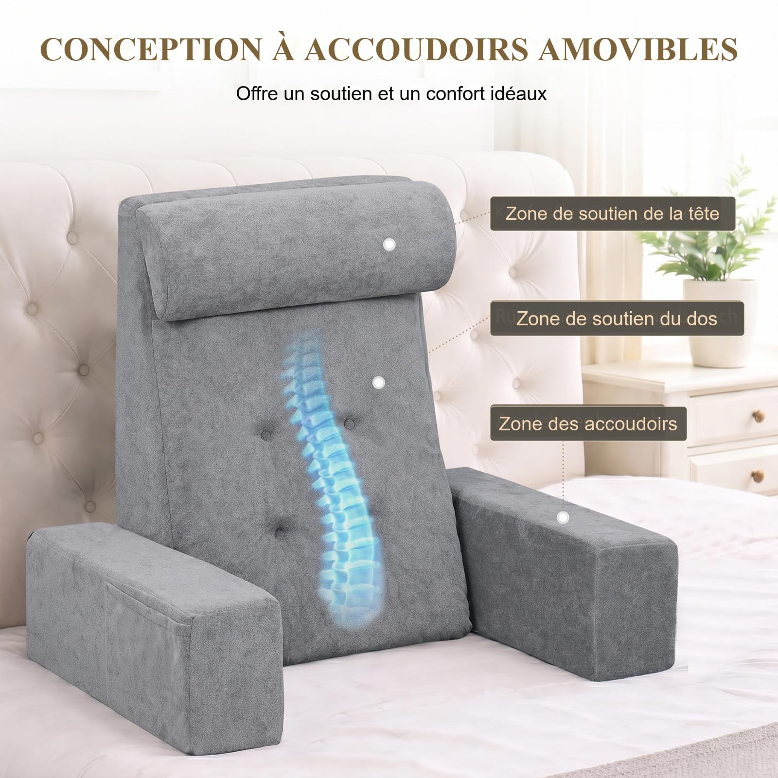 Lesekissen für das Sitzen im Bett – Rückenstützkissen für Erwachsene zum Zurücklehnen, Gamen, Ausruhen und Fernsehen auf dem Sofa oder auf dem Boden – Keilkissen mit Armlehnen, dunkelgrau