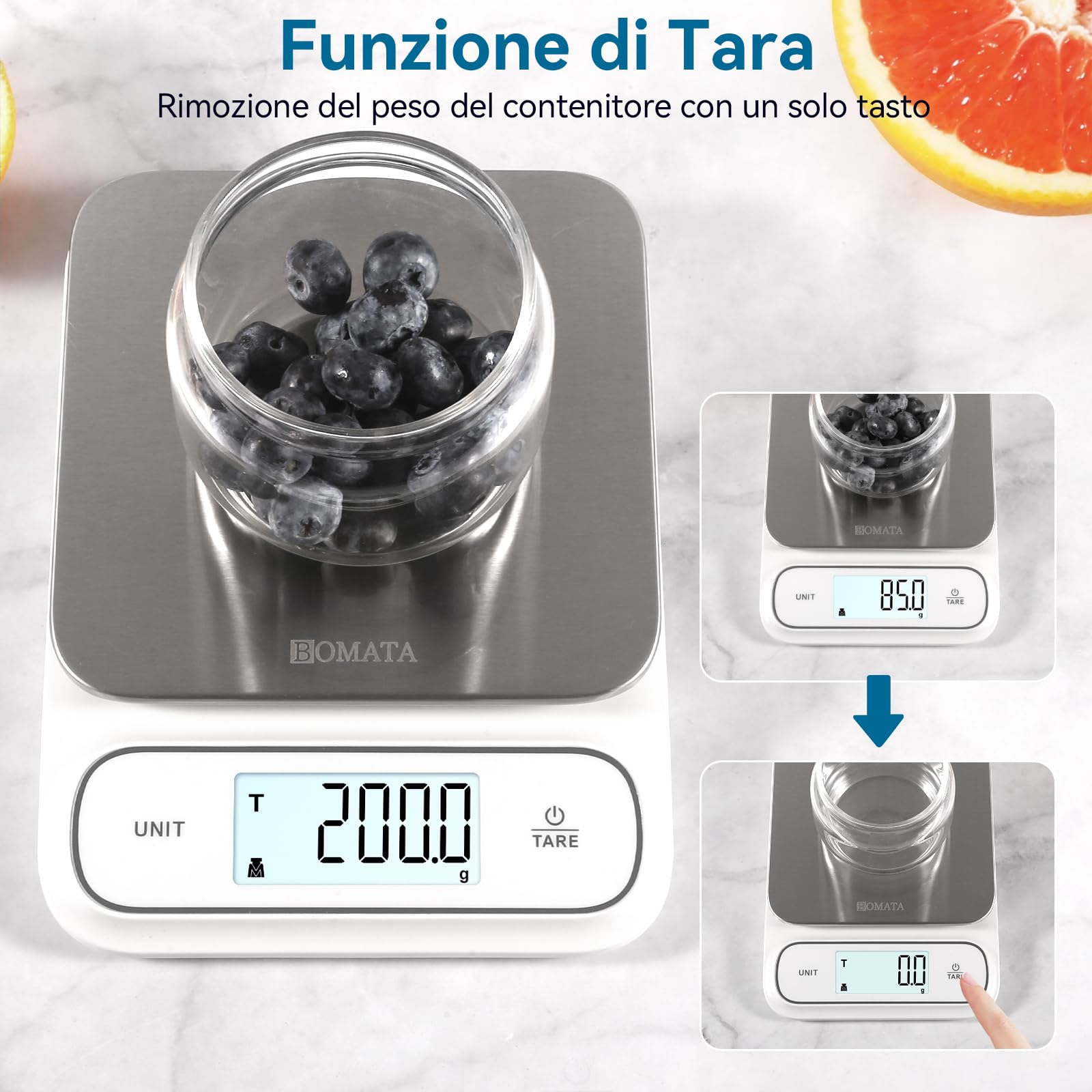 BOMATA bilancia da cucina impermeabile IPX6, alta precisione di 0,1g, con display digitale retroilluminato, piattaforma di pesatura in acciaio inox, alimenti, cucina, pasticceria, ecc. B619 Bianco