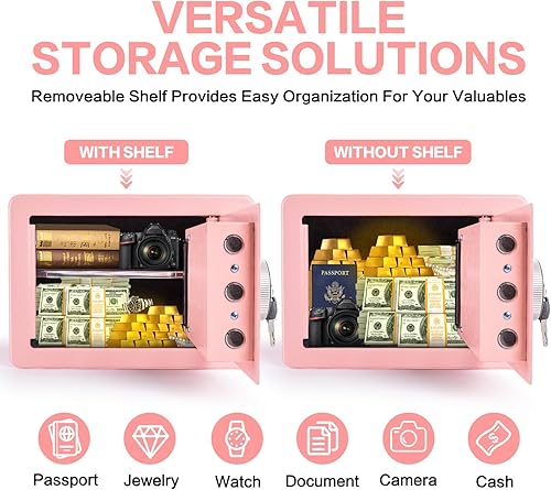 Miniatura 5 de Caja fuerte biométrica de 1.0 pies cúbicos, segura para huellas dactilares con bolsa ignífuga, estante extraíble, sistema de alarma, caja de dinero