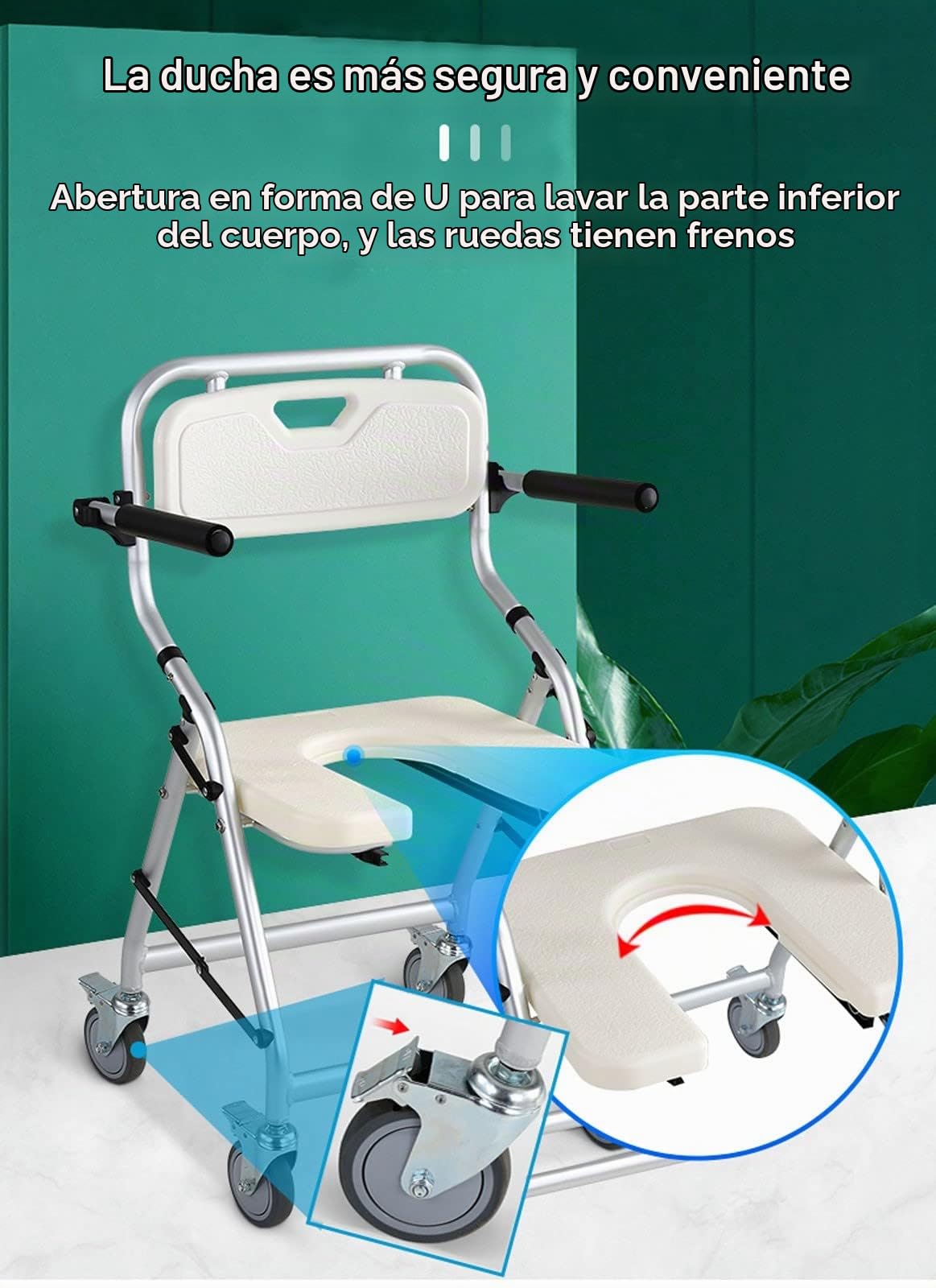 Silla de Ducha con Ruedas para Personas Mayores, Silla de Baño Plegable con Reposabrazos y Respaldo, Taburete de Ducha para Personas Mayores Mujeres Embarazadas