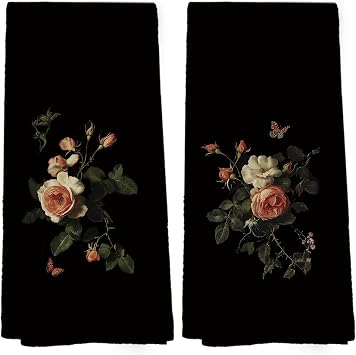 Retro Floral Botanical Kitchen Towels Set of 2, Vintage Flower Dark Botanical Room Decor Hand Towel for Kitchen Bathroom, Spring Floral Botanical Decorative Tea Dish Towels 16x24 Inch