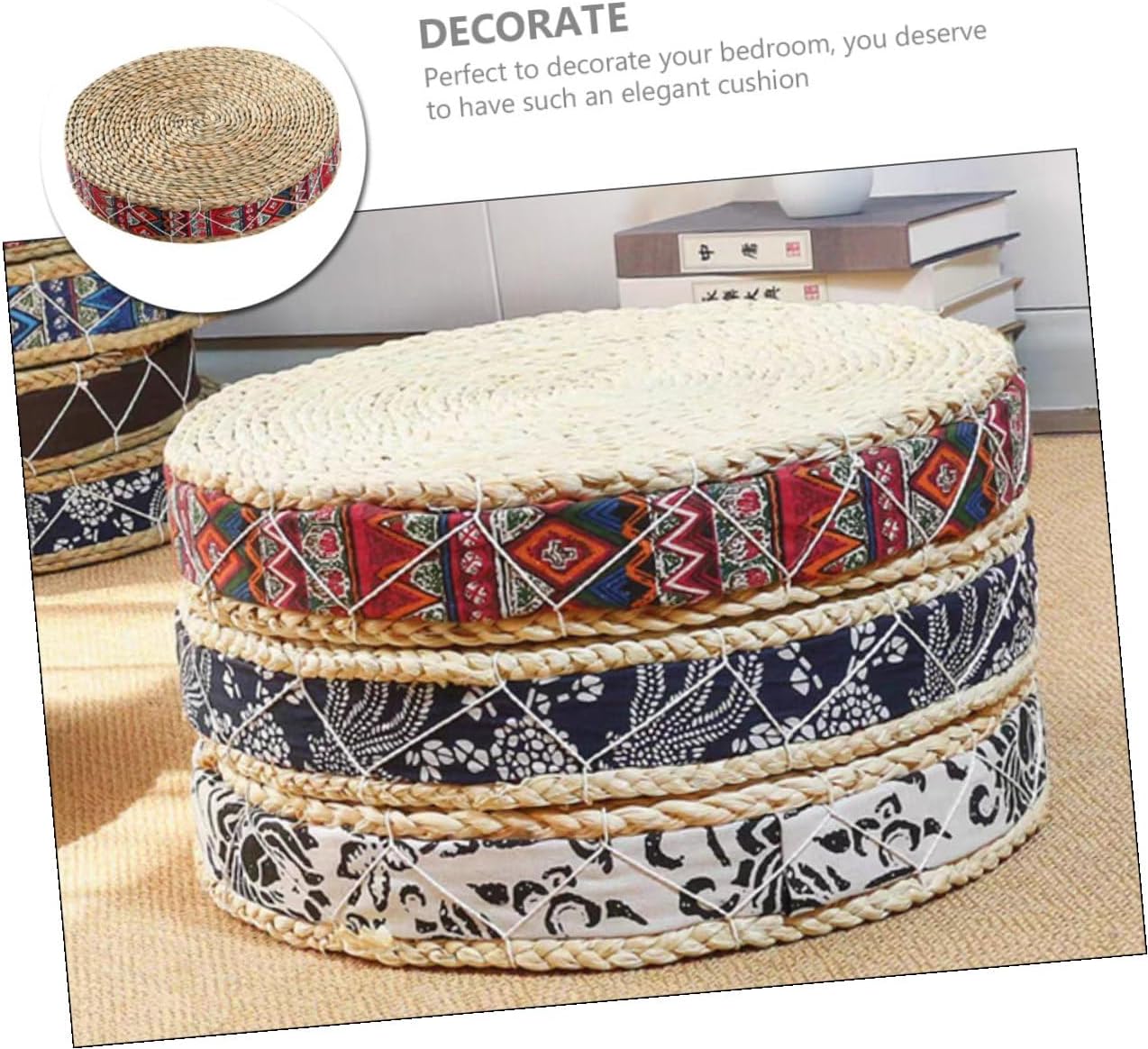 Woven Meditation Floor Pillow Boho Japanese Style Handmade Seat Cushion 30cm Diameter Eco-Friendly Grass Material Zen Cushion for Yoga and Floor Seating