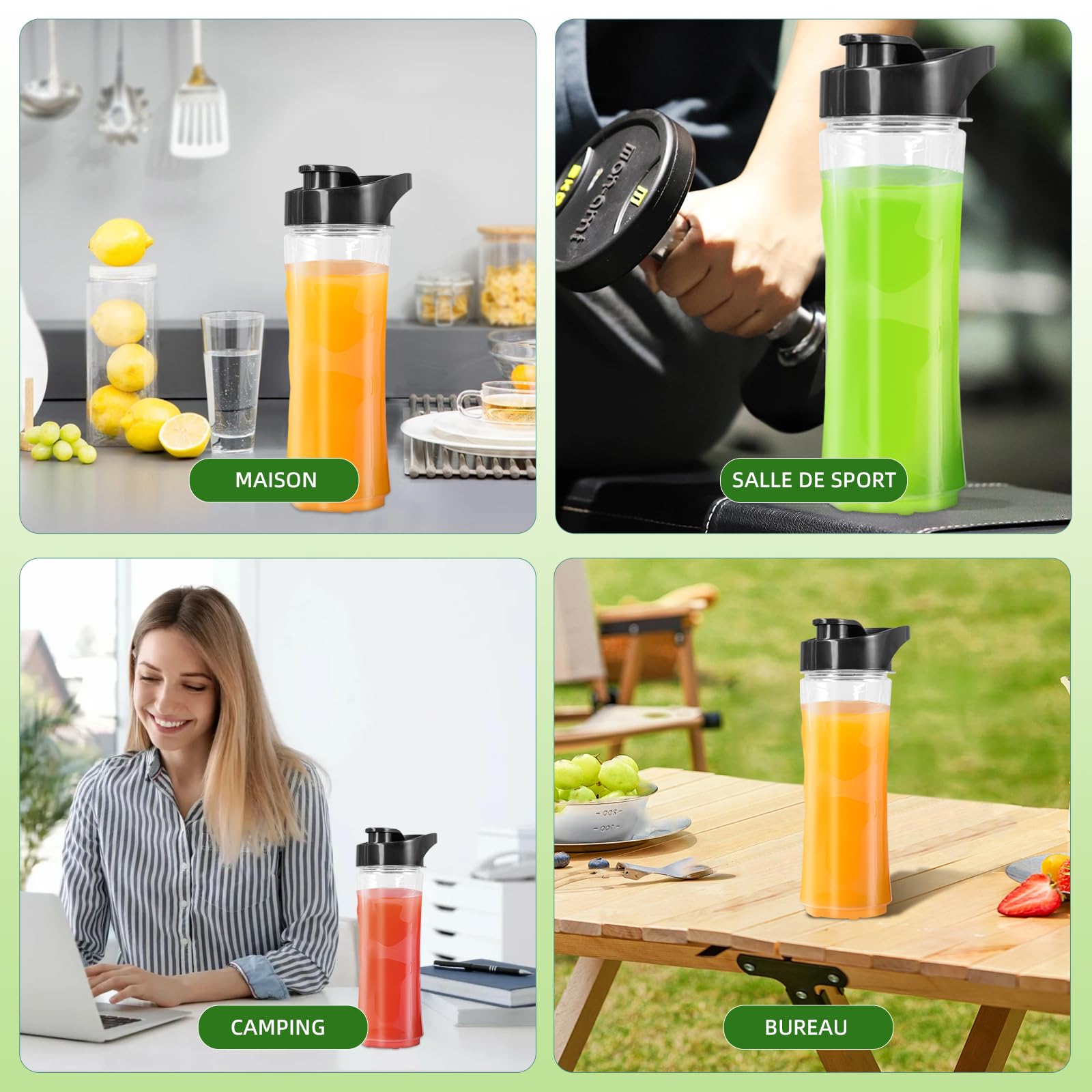 Blender Smoothie Portable Carehabi, Mini Mixeur avec 2 Bouteilles 600ml (Sans BPA), Moteur 300W Inox & 4 Lames pour Shakes, Smoothies, Glace - Argent