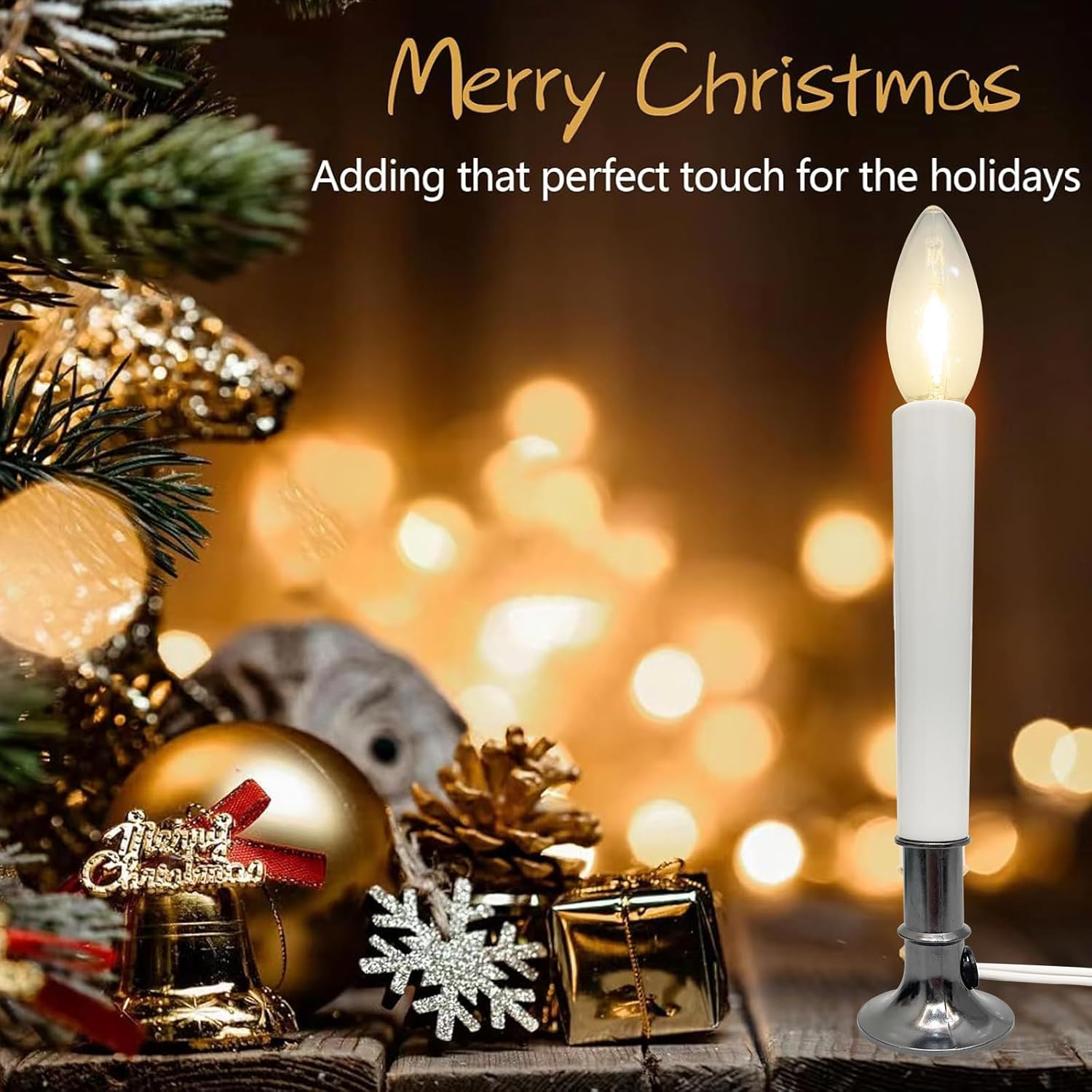 4 Pack Electric Christmas Window Candle with Sensor Dusk to Dawn, Nickel Plated Base Window Candles with C26 Led Clear Torpedo Tip Bulb, Candle Set for Home & Kitchen for Windows Table Christmas Decor