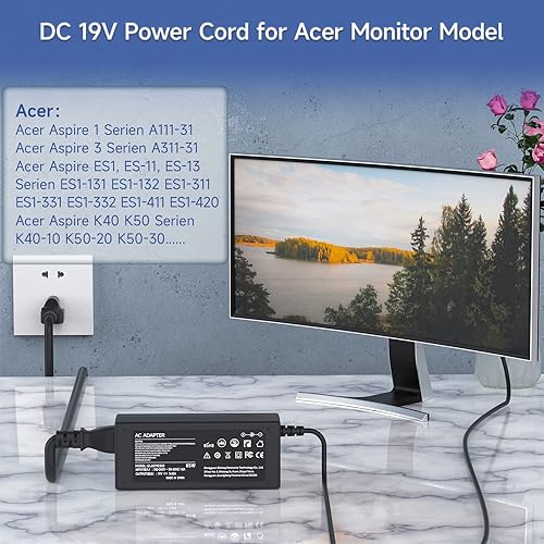 Miniatura 2 de Cable de alimentación adaptador de CA de 19 V 65 W compatible con Acer LCD Monitor SA370 H226HQL y más series - Cargador de repuesto