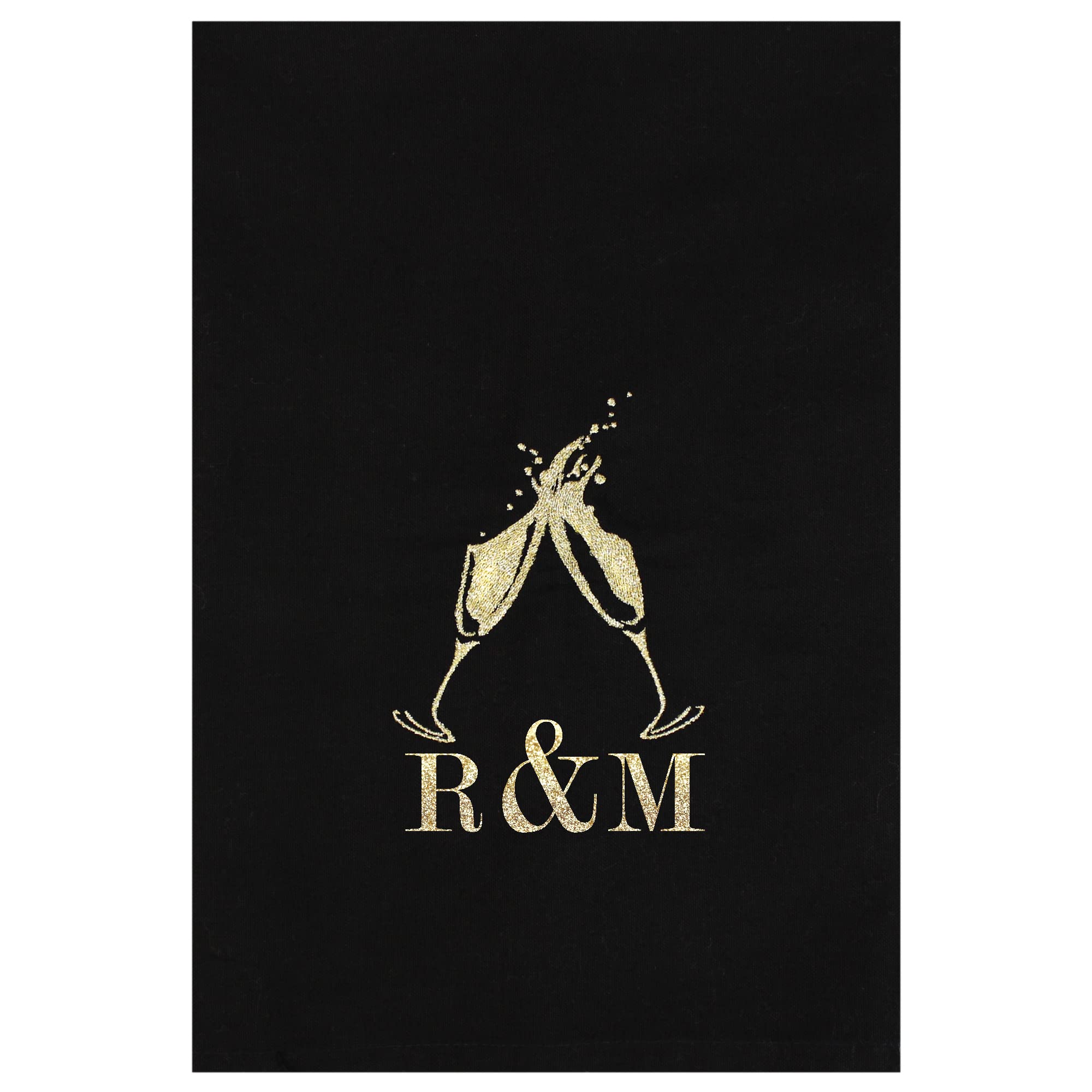 Teddyts Black, Gold, Gold Glitter Personalised Initials Black Embroidered Glitter Champagne Cotton Tea Towel, 70Cm X 50Cm (Approx)