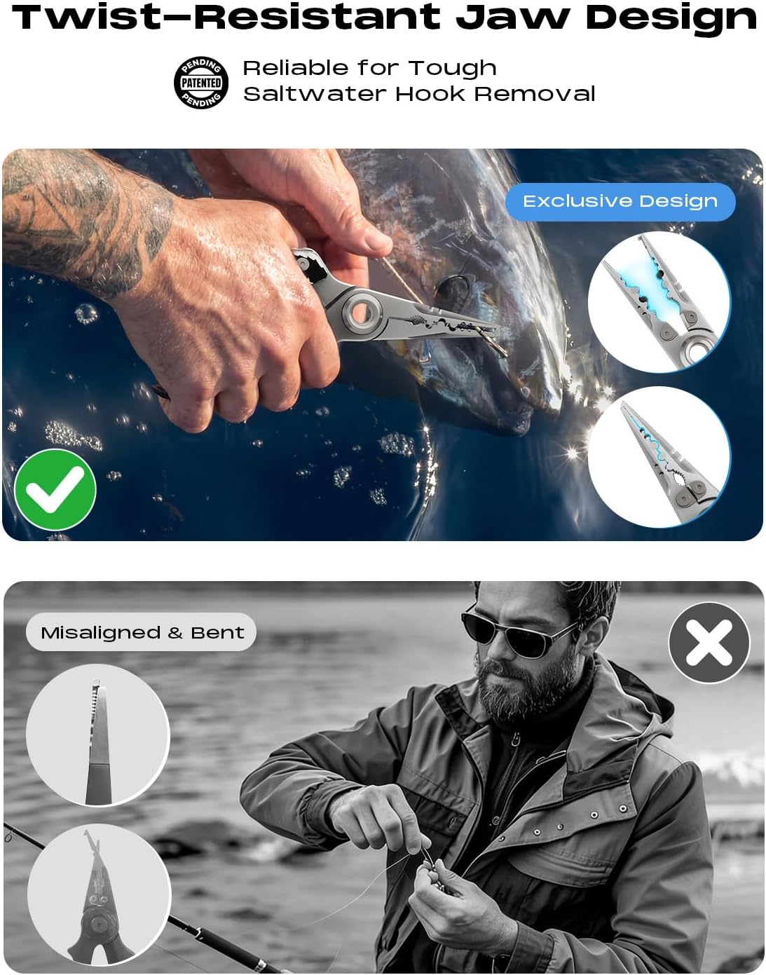 HOOK-EZE 17-4 Fishing Pliers with Unique Anti-Twist Design, 7.1" Saltwater 630 Stainless Steel Fishing Gear with G10 Handles, Multi-Function Split Ring Pliers, Fish Hook Remover Tool