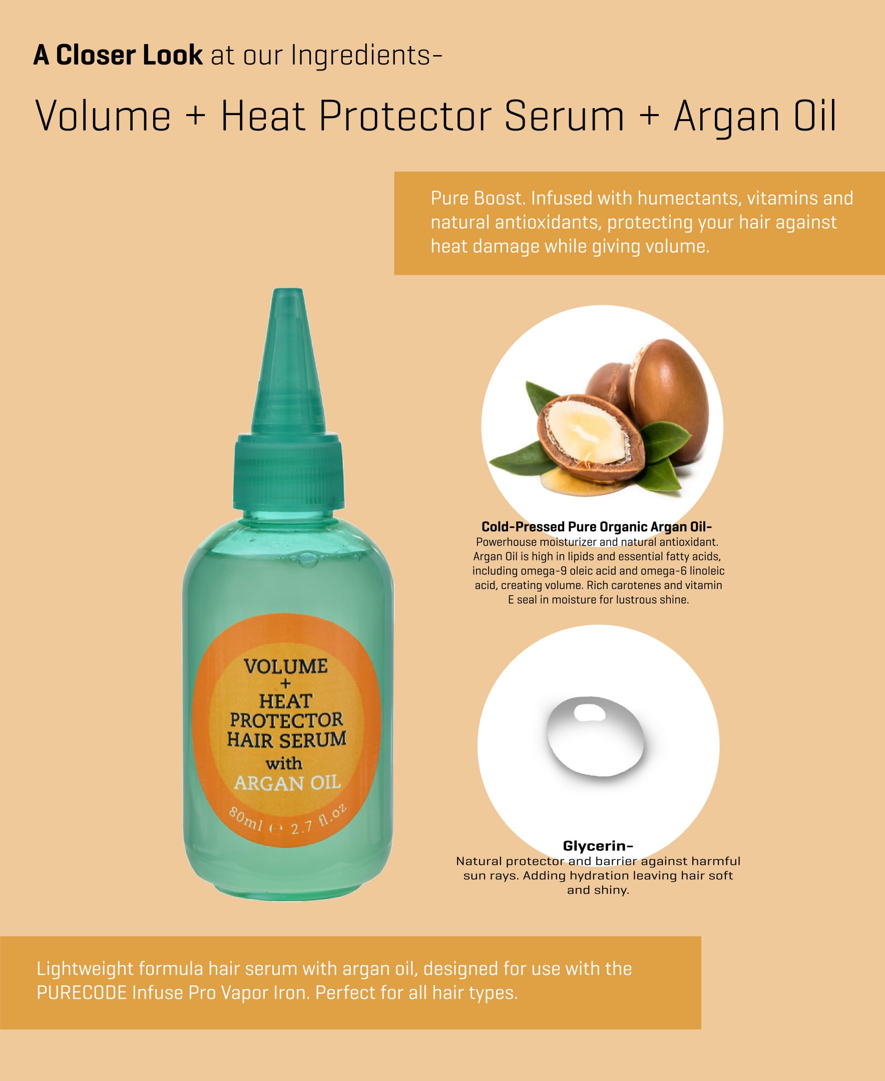 PURE CODE Volume + Heat Protector Serum 2.7oz Moisturizes, Adds Shine and Body to the Hair