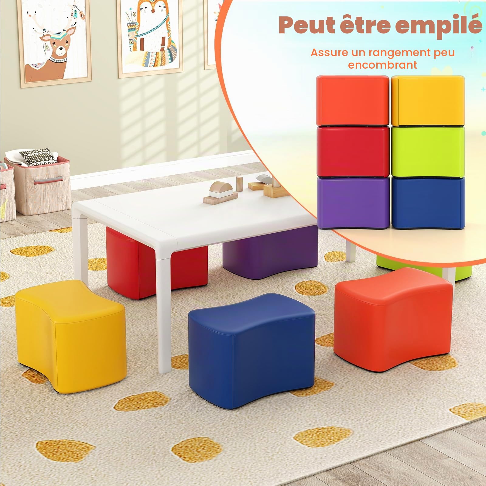 LIFEZEAL Lot de 6 chaises empilables pour enfants, tabouret modulaire, forme de papillon, antidérapant, cubes, construction douce, rembourrée en mousse élastique, doublure amovible, chambre d'enfant
