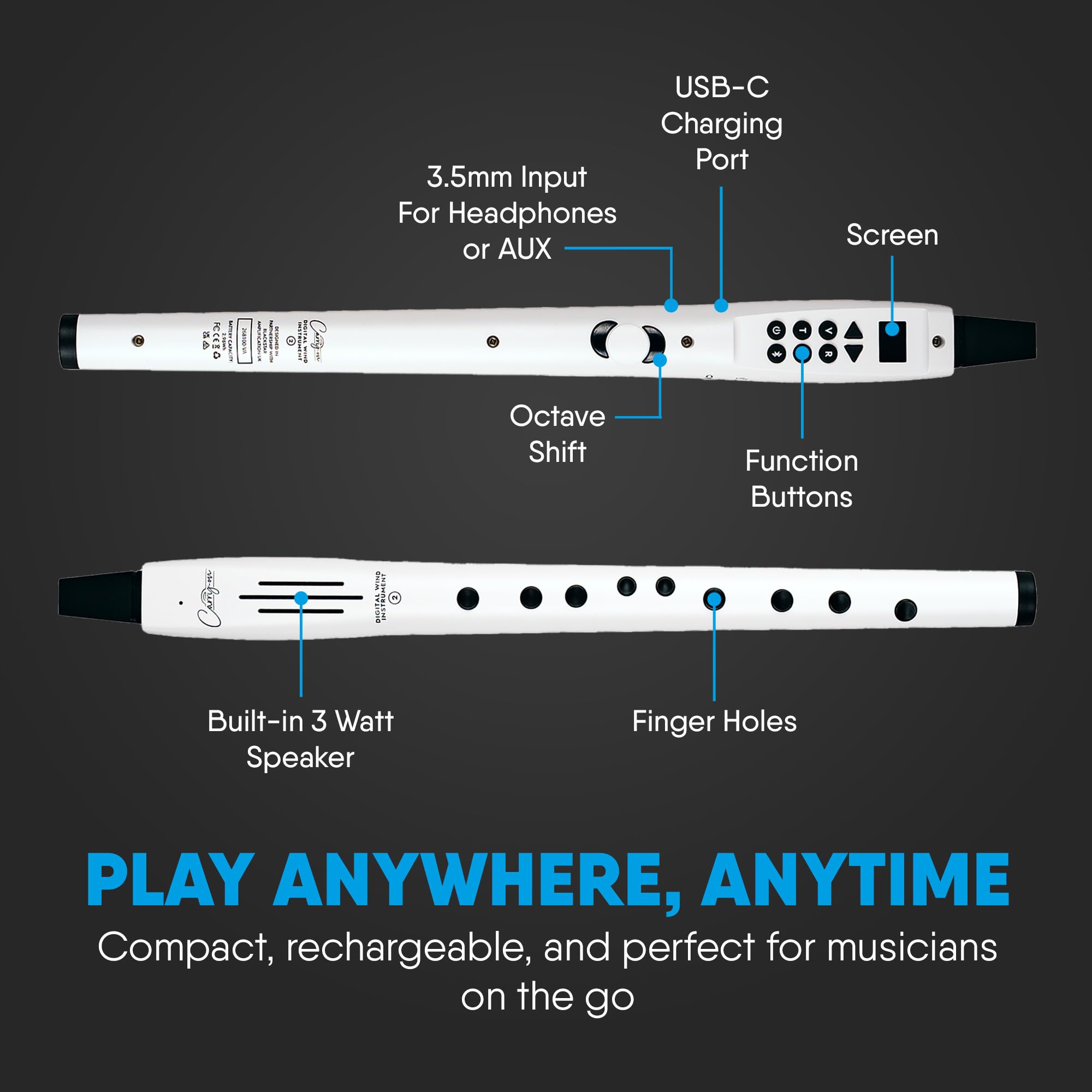 Carry-on Strumento a fiato digitale 2-10 voci, batteria ricaricabile USB integrata, uscita cuffie per pratica silenziosa, registratore digitale Midi Over Bluetooth bianco