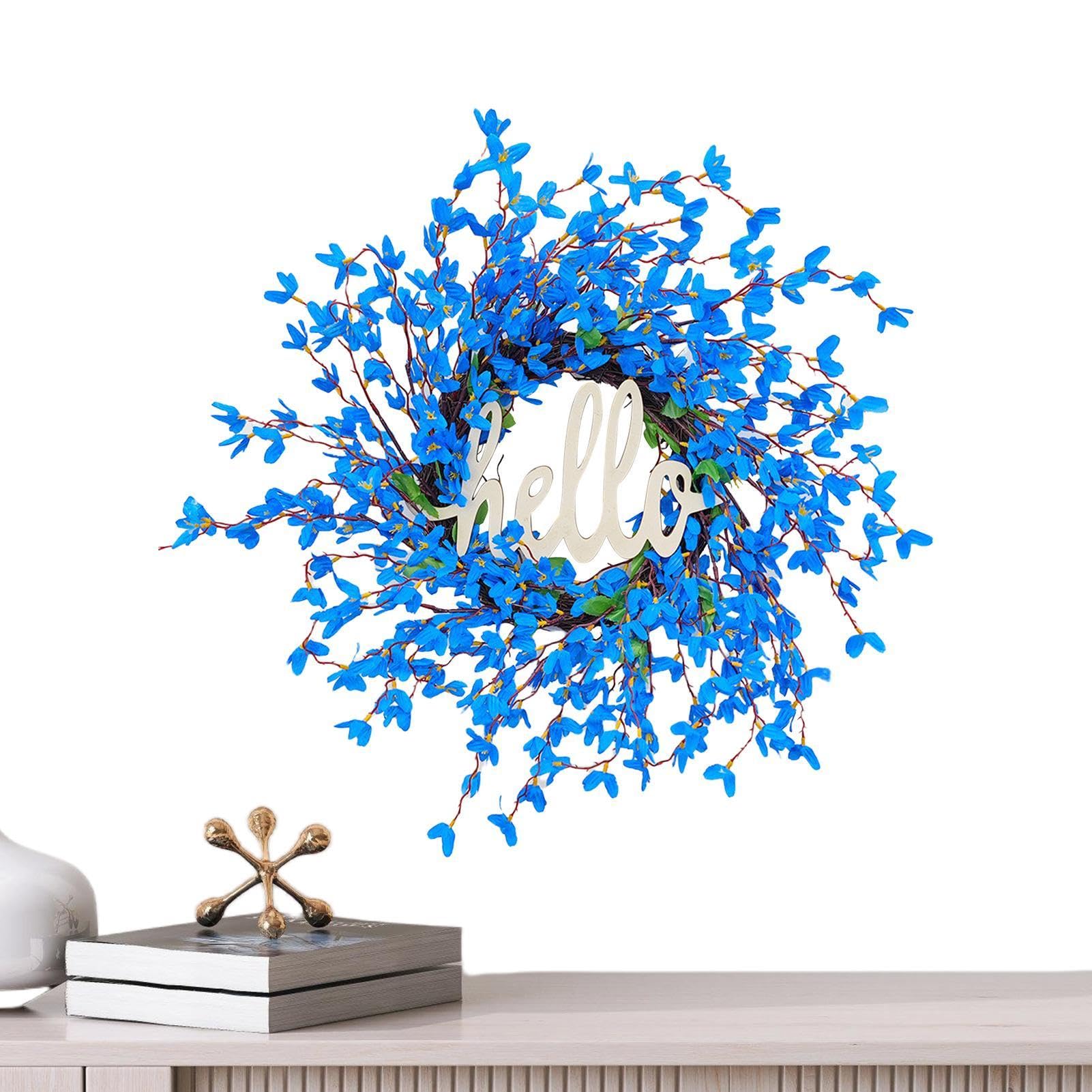 Couronne bleue artificielle porte d'entrée printemps rustique fleurs artificielles
