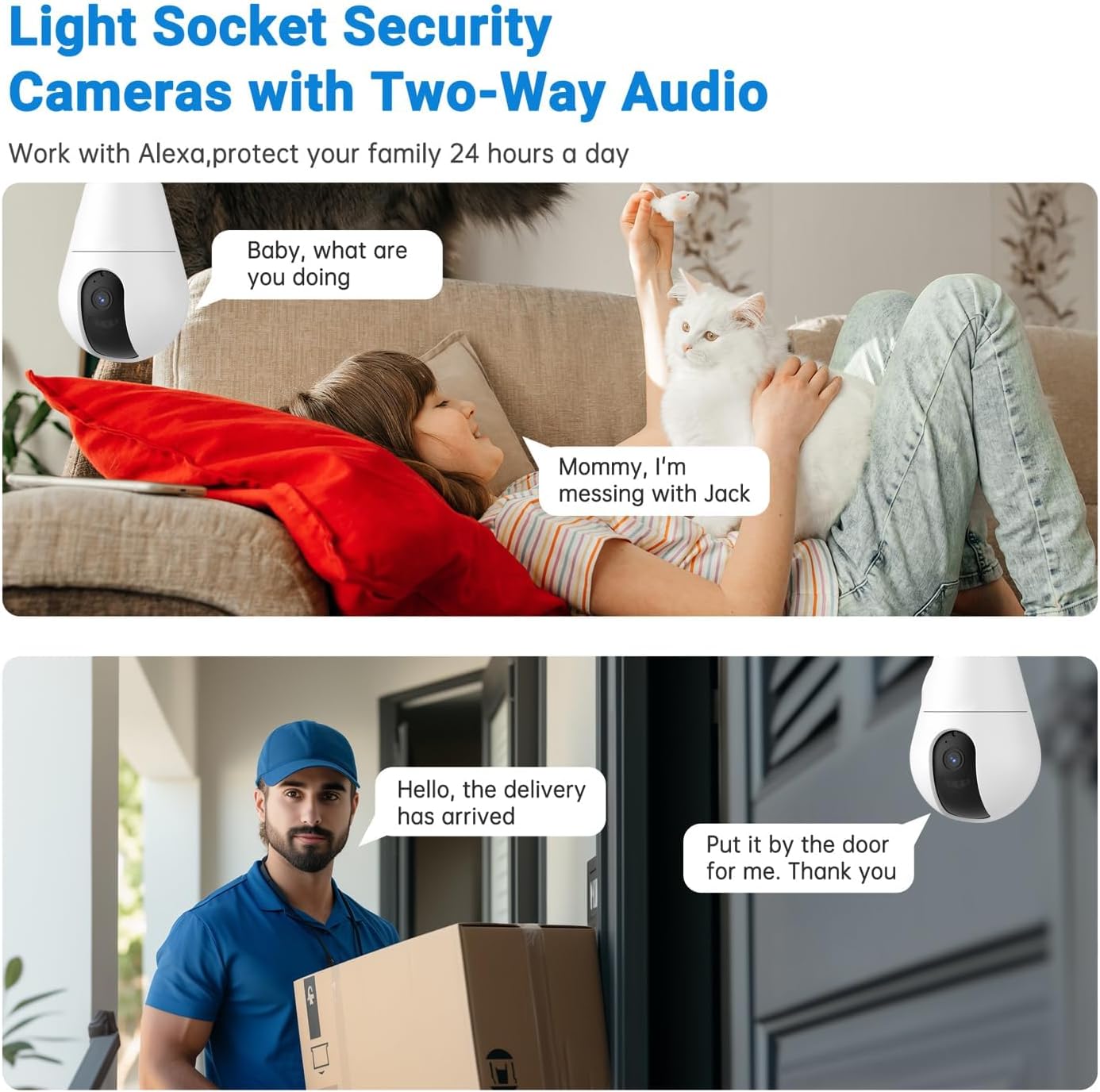 Light Bulb Security Camera, 5G/2.4GHz Lightbulb Security Cameras Wireless Outdoor, AI Motion Detection and Siren Alarm, US-Based Cloud Storage, 911 Calling Color Night Vision (2 Pack)