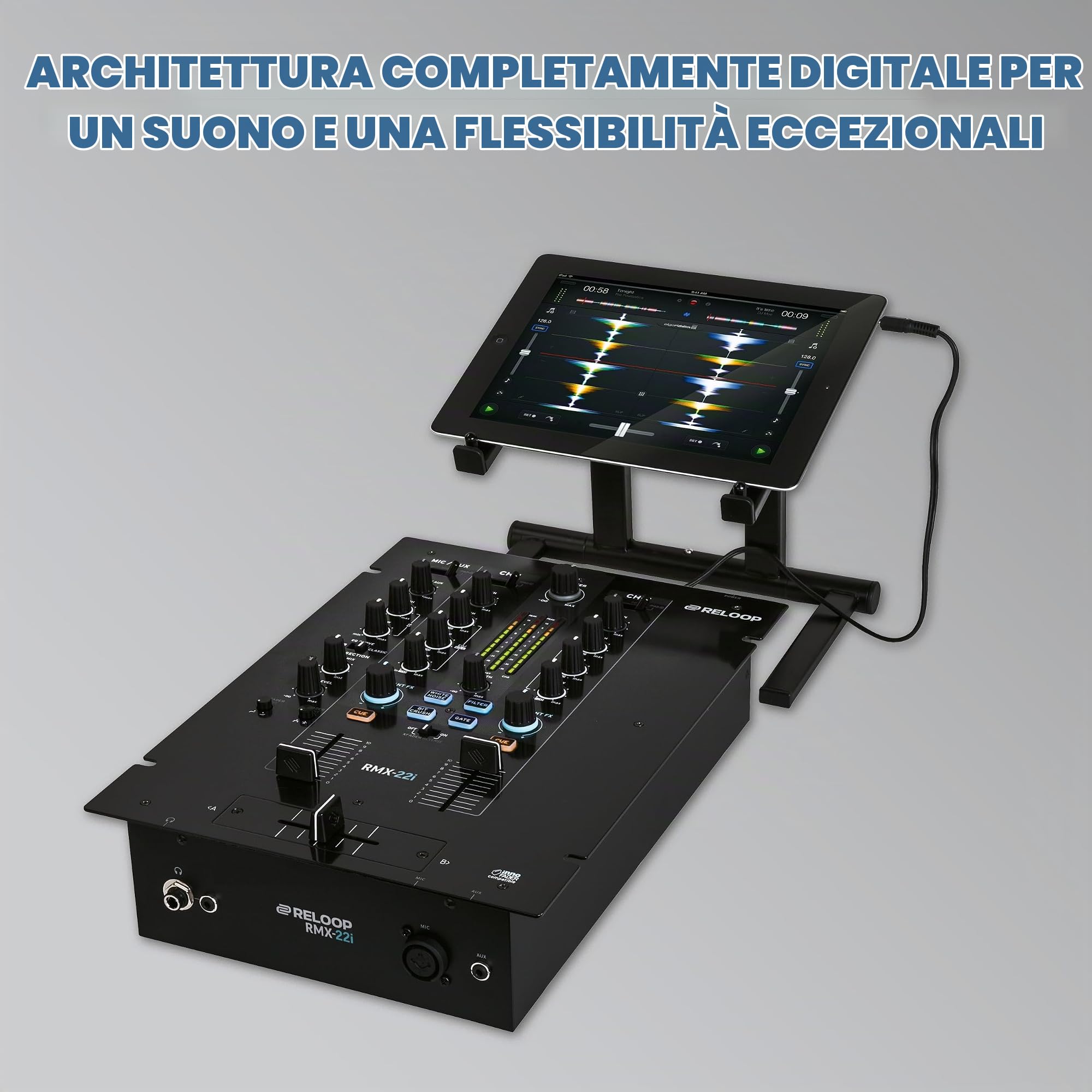 Reloop RMX-22i - Mixer digitale a 2 (+1) canali, 4 effetti sonori istantanei di colore per canale, iPad/tablet/smartphone audio split-input audio, nero