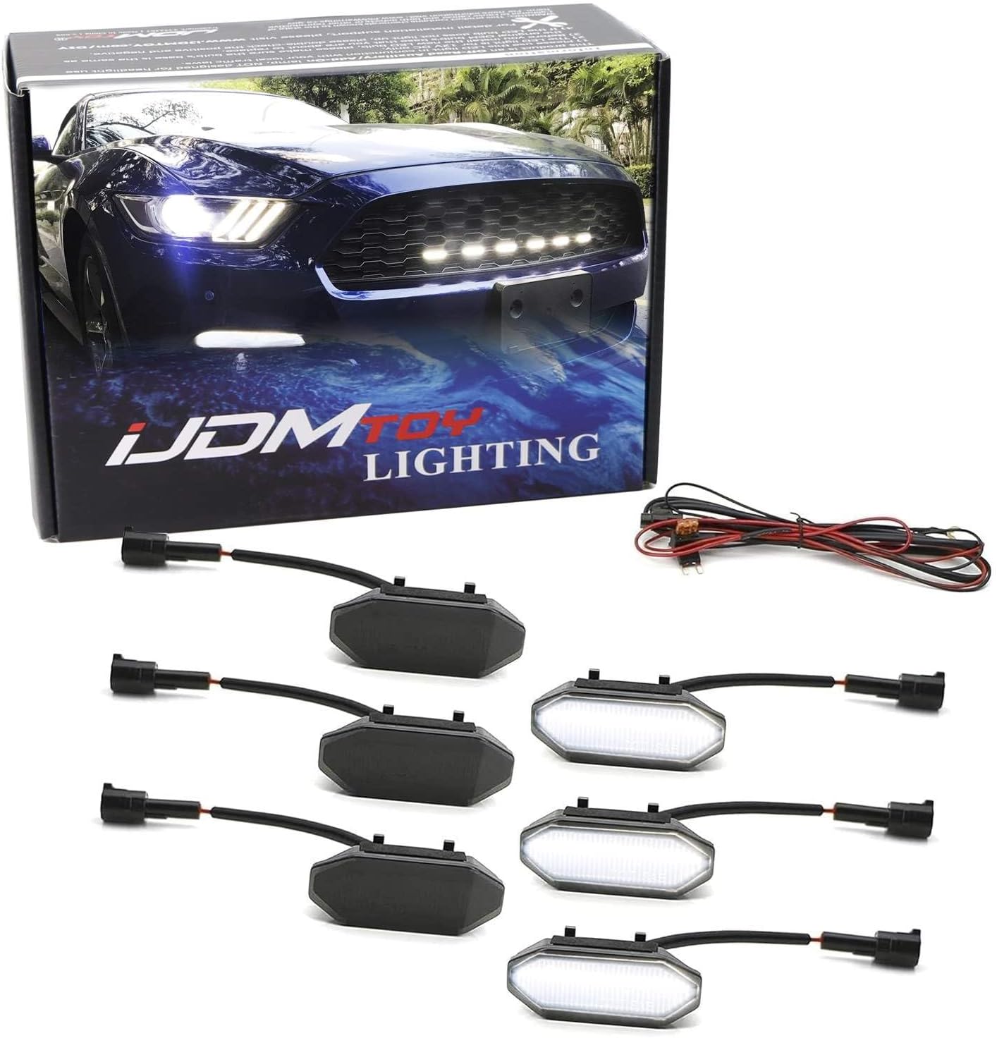 iJDMTOY 6pc Set Smoked Lens Xenon White LED Front Grille Insert DRL Driving Light Kit Compatible With 2015-2017 Ford Mustang