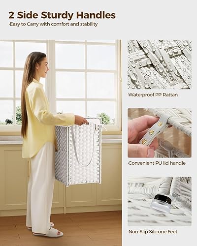 Miniatura 6 de Greenstell Cesta de lavandería con ruedas, no necesita instalación, cestas tejidas a mano divididas de 90 litros y 2 bolsas extraíbles con forro,