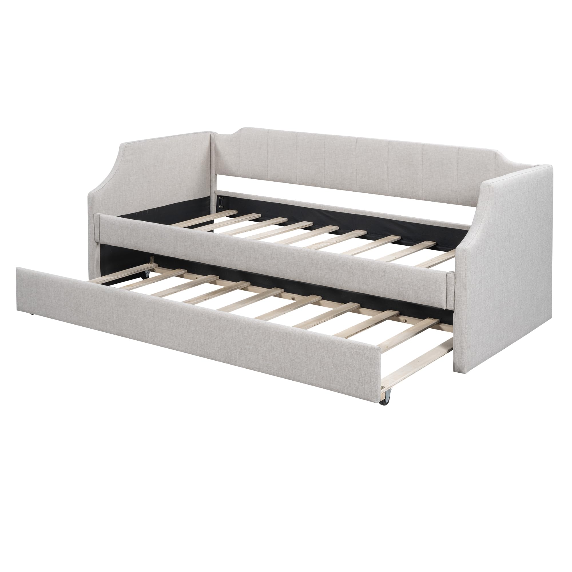 Azkoeesy Letto imbottito 90 x 200 cm, divano letto con secondo letto estraibile, con rete a doghe, lettino per bambini, max 120 kg, rivestimento in lino (beige), WX602
