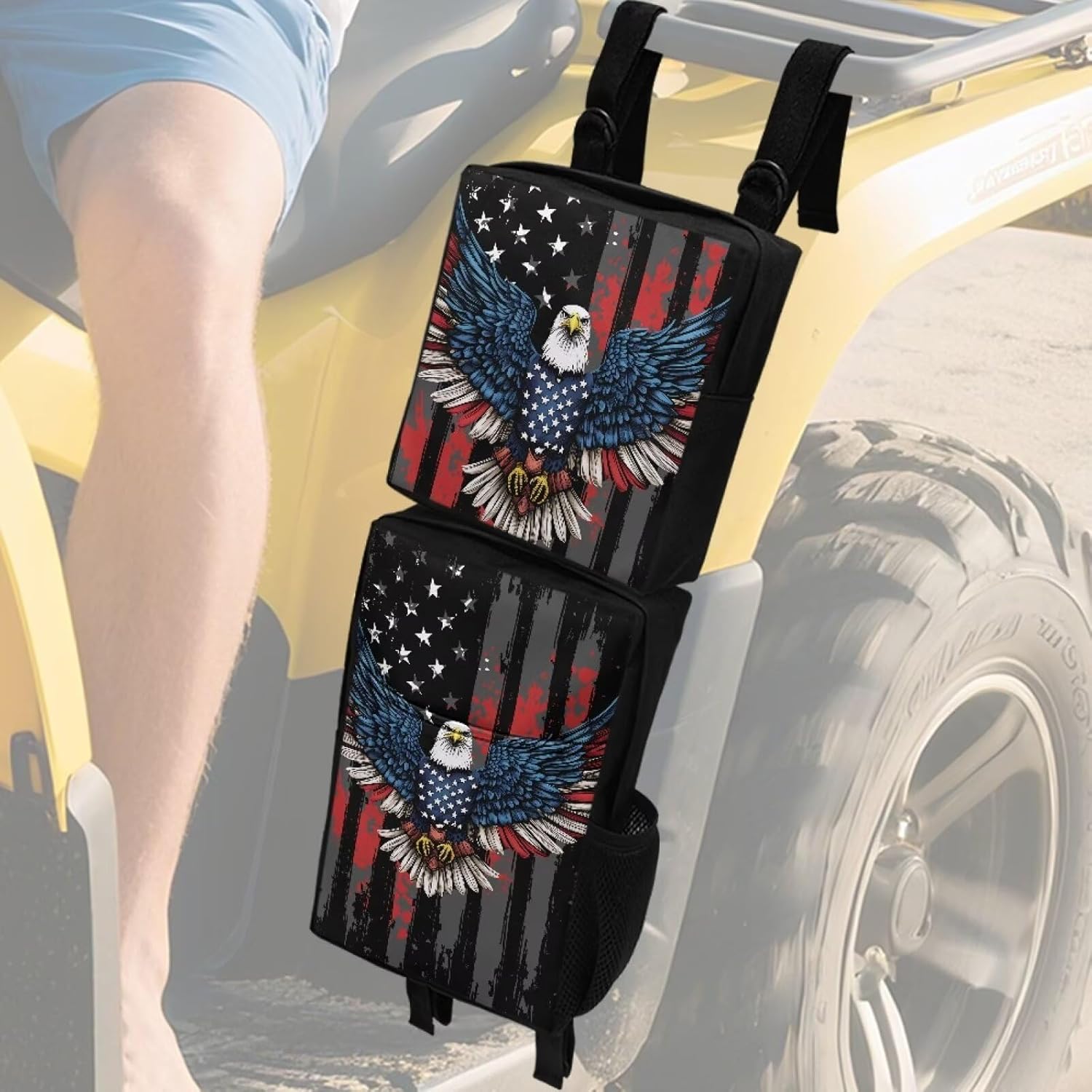 SEANATIVE ATV Fender Bags Eagle American Flag Print Powersports Storage Bag Saddle Bag with Mesh Water Holder Compatible with Most Snowmobiles UTV Beach Bike Gear Bags for ATV