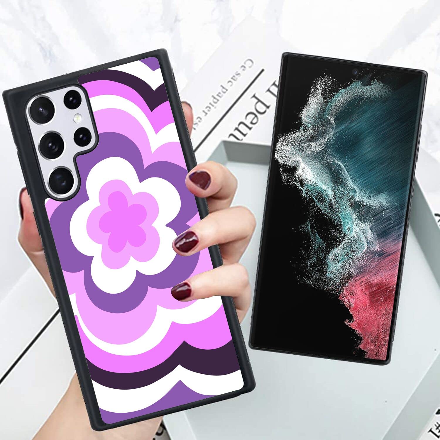 DAFEI Phone Case Compatible with Samsung Galaxy S22 Ultra Designer Purple Flower Art Black Frame Shockproof and Slim Rubber TPU Material with Uniqe Design