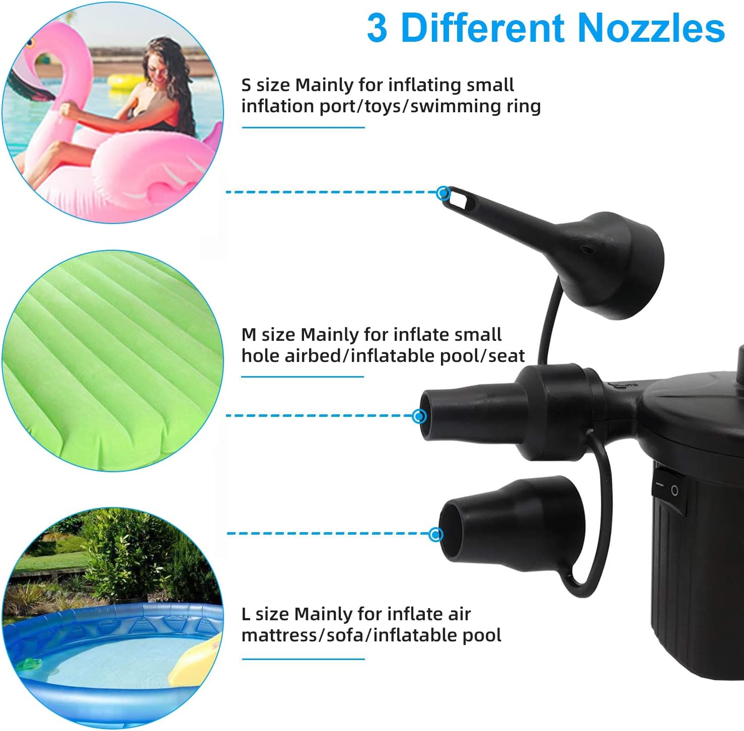 Electric Air Pump with Drawstring Bag, Portable Quick-Fill Air Pump with 3 Nozzles,110V AC/12V DC,Inflator/Deflator Air Mattress Pumps for Outdoor Camping Inflatable Cushions Airbed Swimming Ring Pool