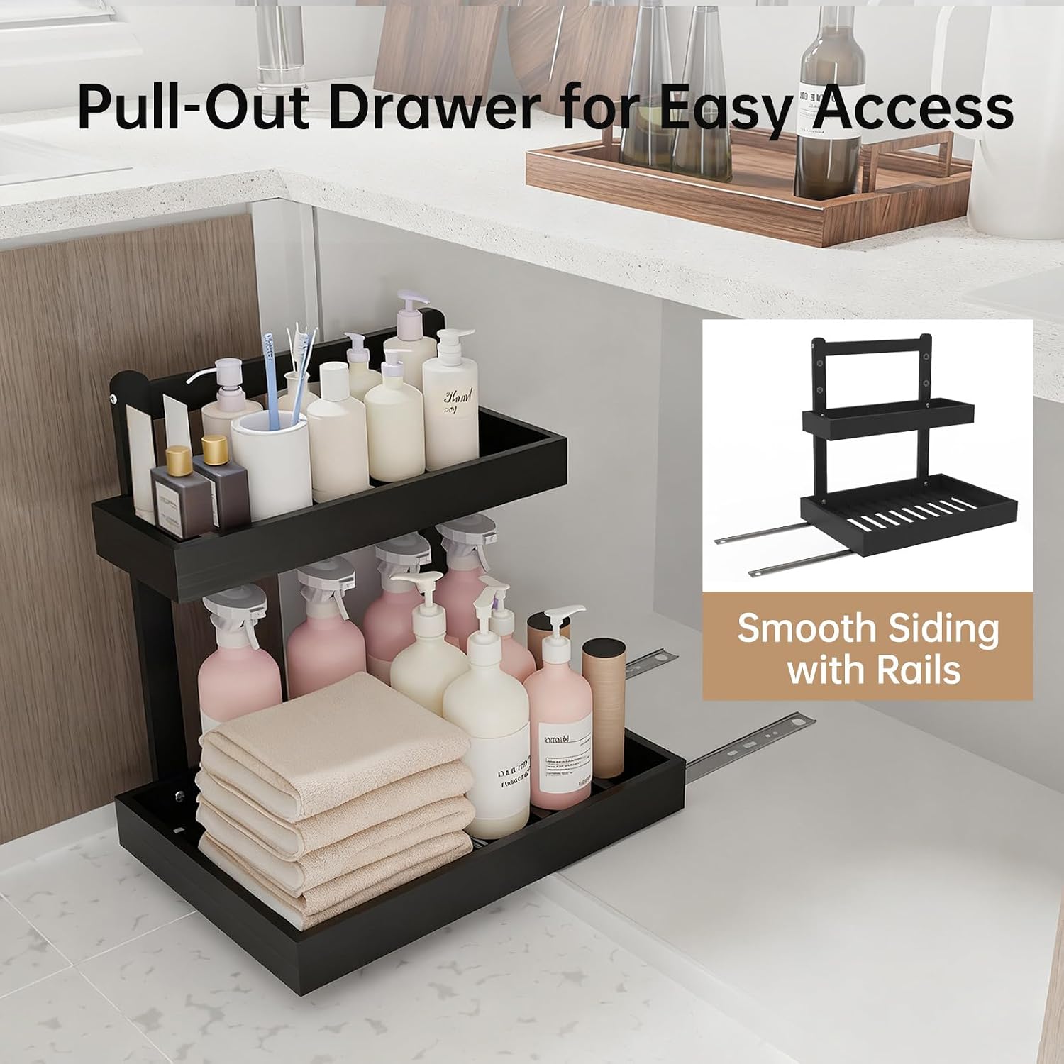 Bamboo Undersink Organizer Storage - 2-Tier Cabinet Shelf with Adjustable Levels, Under Sink Storage Slide Out for Cabinet Pantry Kitchen Bathroom (Black, 1 Pack)