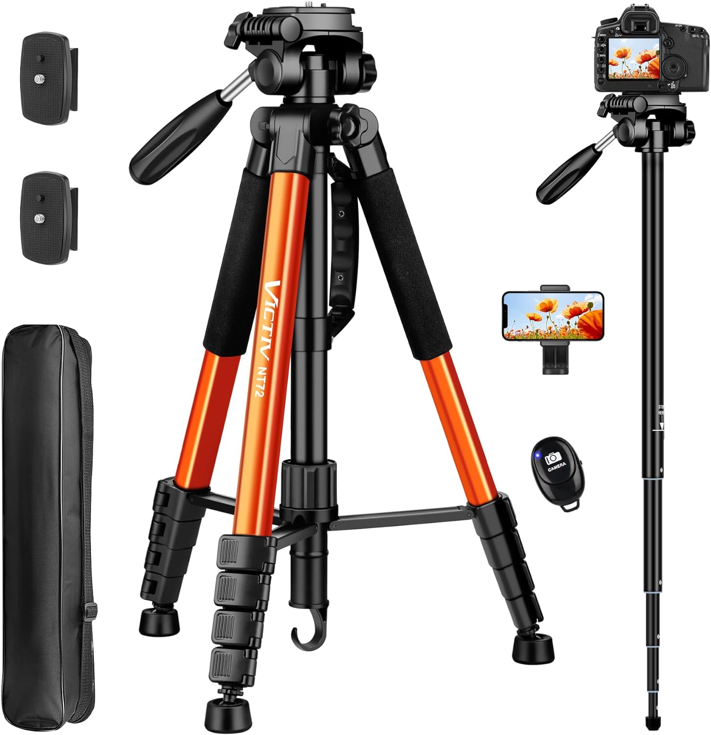Tripod for Camera, 72\" Tall Camera Tripod & Monopod with Remote, Professional Heavy Duty Compact Camera Stand for Phone, DSLR, Spotting Scope, Telescope, Binocular 72 INCH Orange ( incomplete )