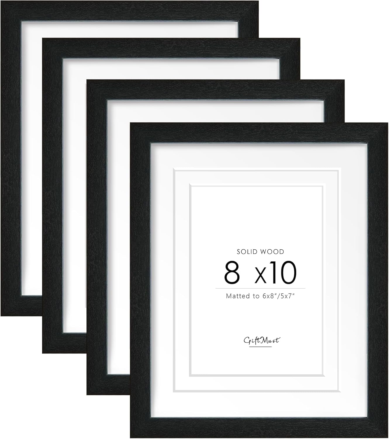8x10 Set of 4 Solid Wood Picture Frame, Natural Wood Photo Frame with Double mats, Display 5x7 or 6x8 with paper mat, 8 by 10 without mat, Black Picture Frame, Wall mounting or tabletop display