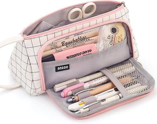 Large Capacity Pencil Pouch, Grid Pattern, Stationery Bag for School, College, Office, Teens, Girls and Students