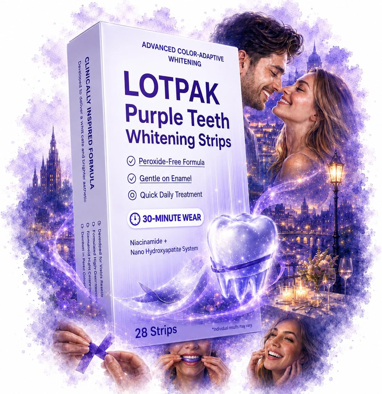 Purple Teeth Whitening Strips for Sensitive Teeth, Peroxide-Free Whitening Strips with Pap & Nano Hydroxyapatite, Helps Lift Coffee & Wine Stains, Enamel-Friendly 30-Minute Whitening, 28 Strips