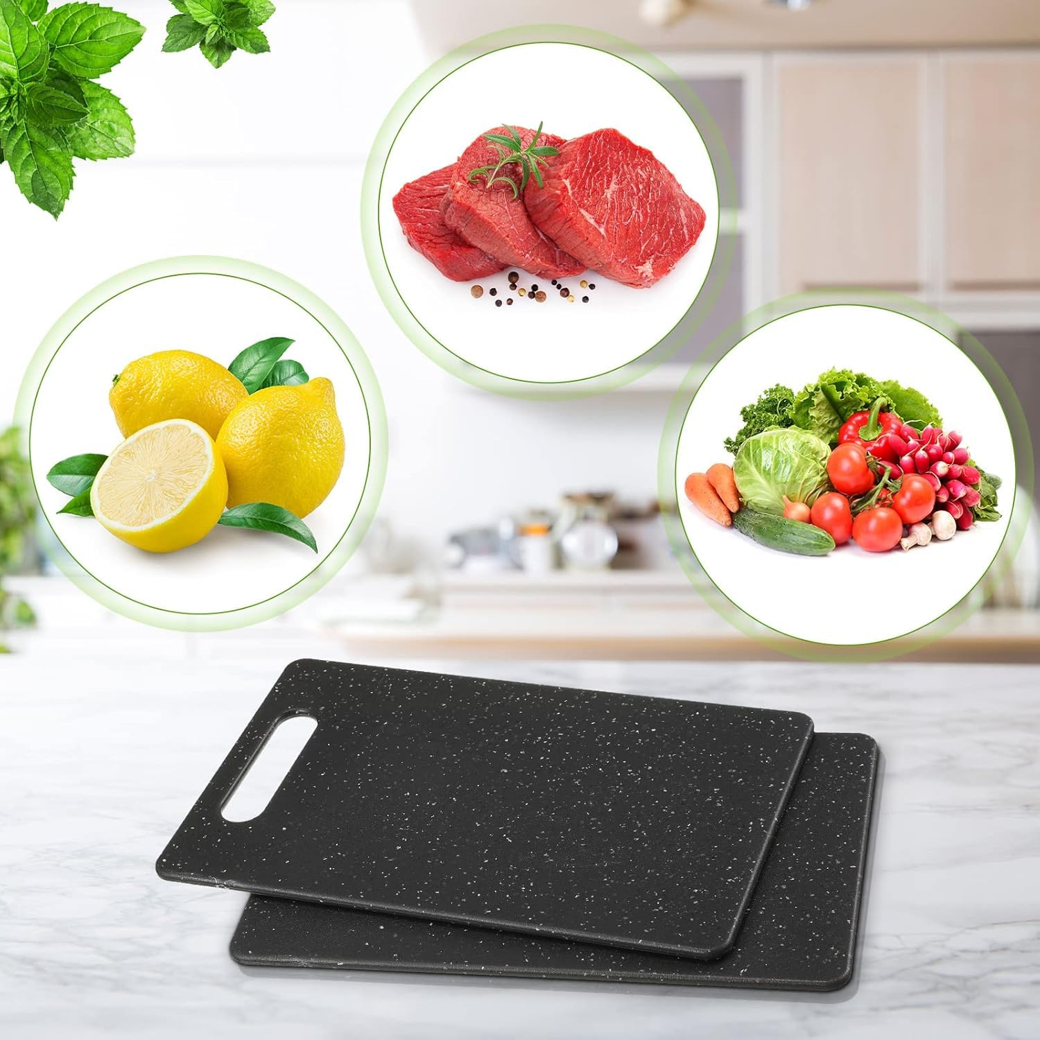 3 taglieri in plastica, 3 misure, lavabili in lavastoviglie, con impugnatura antiscivolo, taglieri con piedini antiscivolo per verdure, frutta, carne, nero