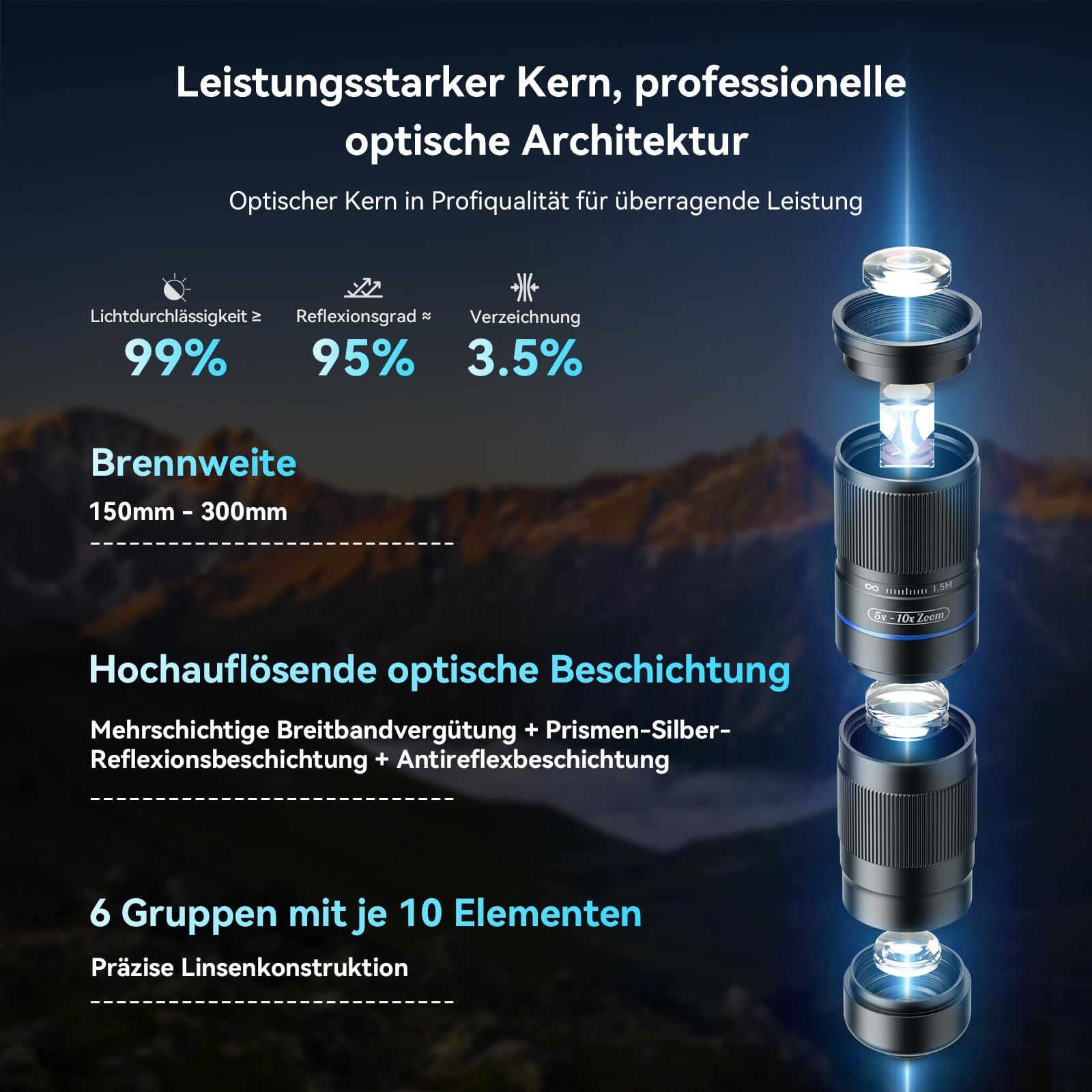 APEXEL Kompaktes 5x-10x Zoom-Teleobjektiv für Handy mit Universalclip, Doppelvergütung, 150-300 mm Brennweite, Kompatibel mit iPhone 17/16/15..., Samsung, Xiaomi und Anderen Handys, Glänzend Schwarz