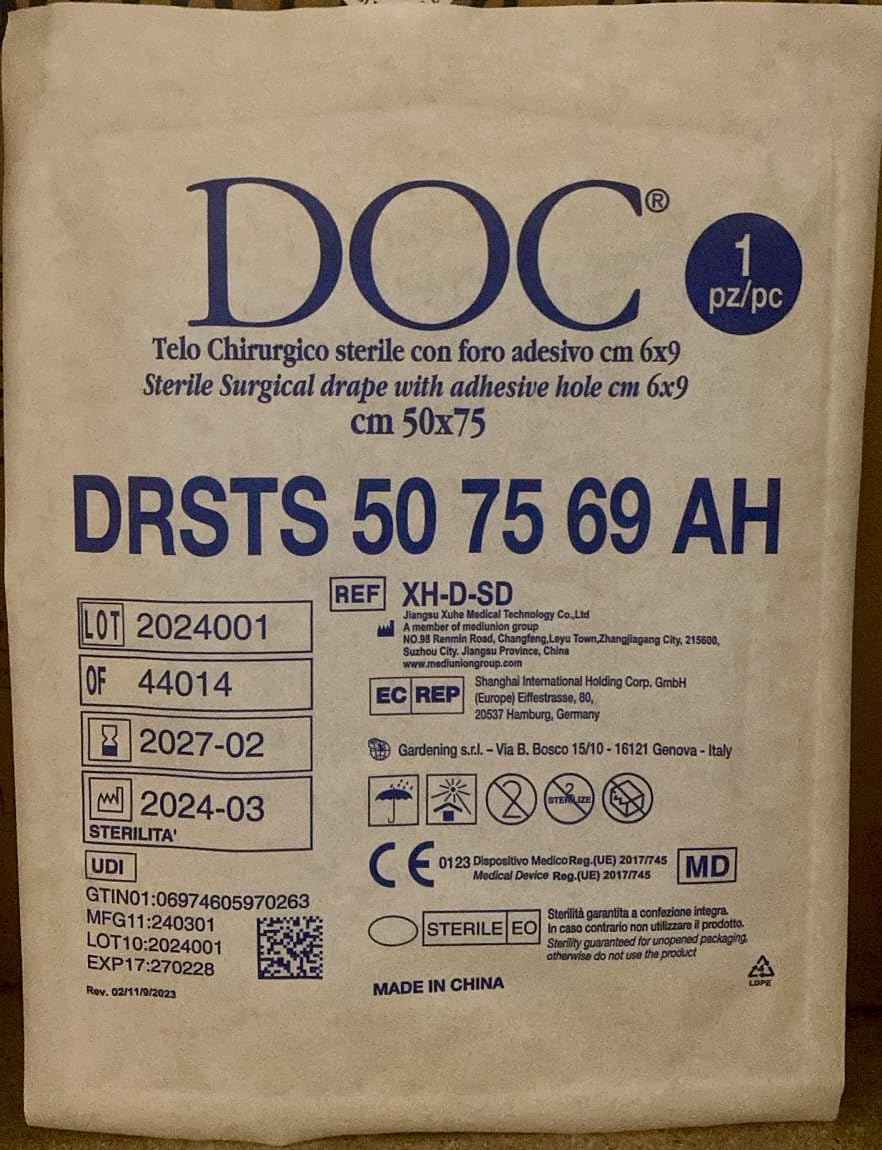 DOC Teli Sterili Chirurgici in Tnt 50x75 cm con foro 6x9 cm confezione da 50 Pezzi, Telino chirurgico monouso impermeabile In accoppiato TNT + PE misura 50x75 con foro (50pz)