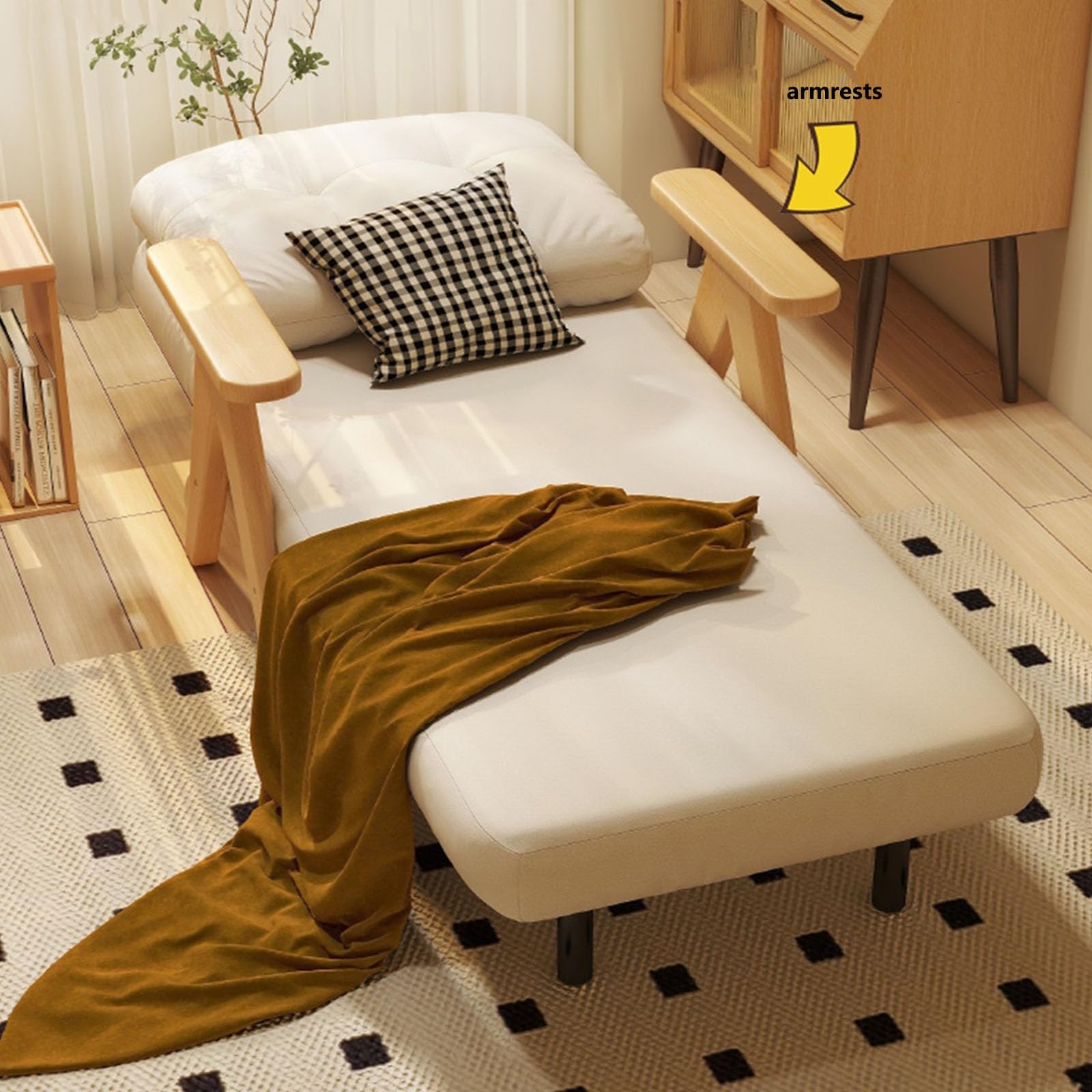 Divano letto pieghevole, divano letto telescopico multifunzionale in legno massello for uso domestico, poltrona letto con cuscino, poltrona letto (Color : White-A)