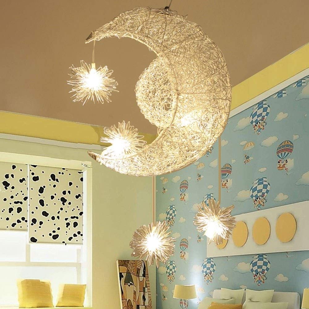 LED-Pendelleuchten, G4, moderner romantischer Mond- und Stern-Kronleuchter, Lichterkette, künstlicher Anhänger, Aluminium-Drahtkäfig, Decken-Hängeleuchte für Kinderzimmer, Kinderzimmer, Wohnzimmer, 5