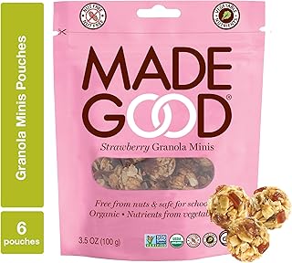 MadeGood Strawberry Granola Minis, 6 Pouches (3.5 oz/ea) Granola Clusters Made with Crunchy Oats and Juicy Strawberries; Convenient, Individually-Wrapped Portions; Allergy-Friendly, School-Safe Snack
