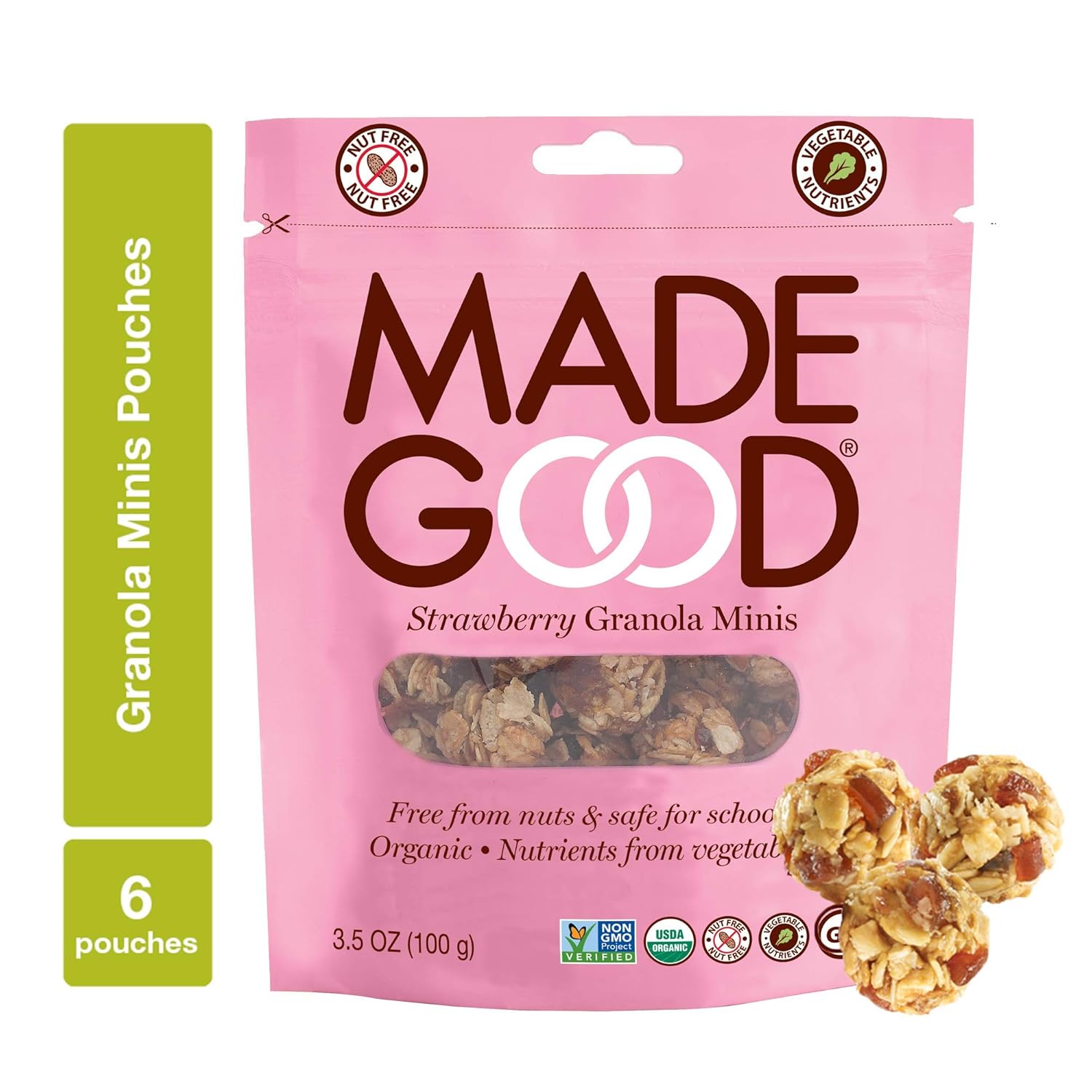 MadeGood Strawberry Granola Minis, 6 Pouches (3.5 oz/ea) Granola Clusters Made with Crunchy Oats and Juicy Strawberries; Convenient, Individually-Wrapped Portions; Allergy-Friendly, School-Safe Snack