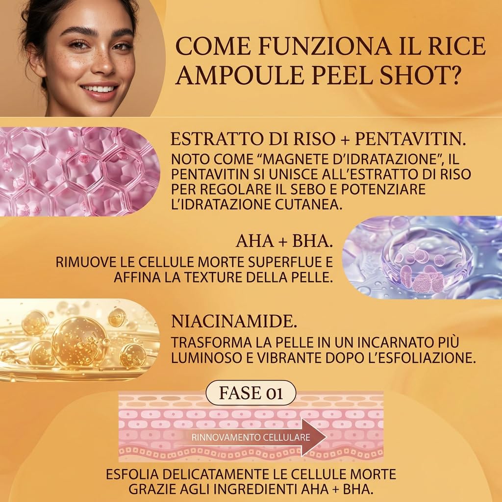 Velia Korean Peel Shot – Cura Viso Illuminante Con Azione Esfoliante E Idratante Per Migliorare L Aspetto Della Pelle Durante L Uso Quotidiano (riso giallo)
