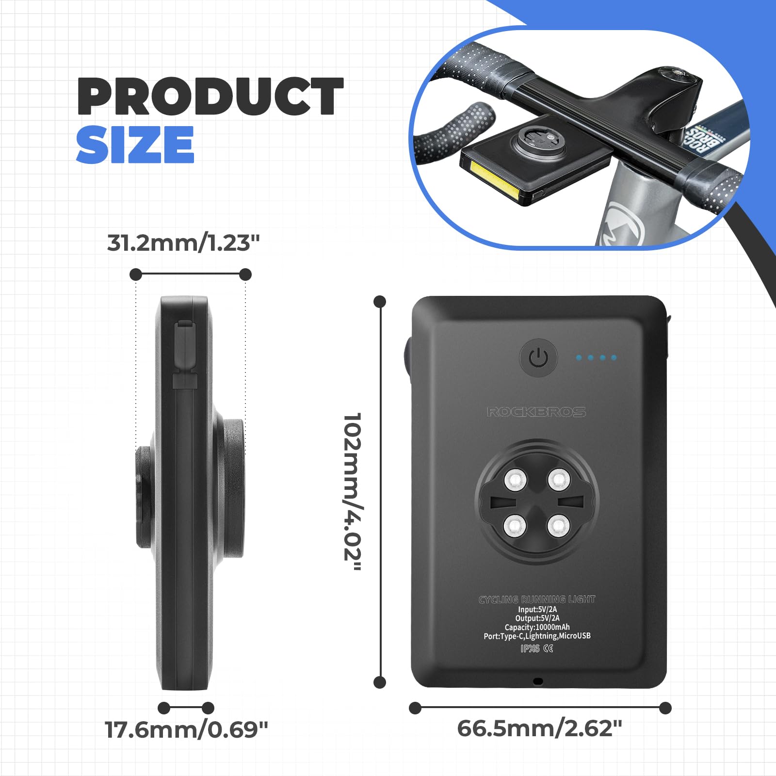 ROCKBROS Lumière de Vélo Avant+Alimentation Mobile Lampe Poche 5 Modes Éclairage IP64 Étanche Power Bank Type-C Compatible avec GPS Base Garmin Compteurs Vélo
