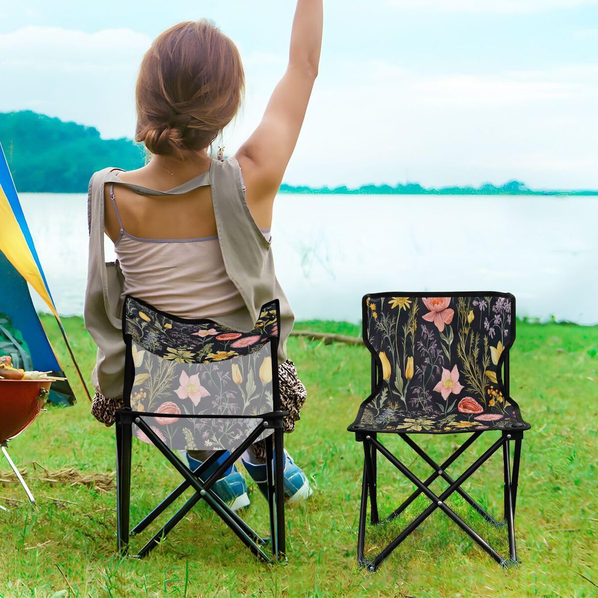 Bella sedia da campeggio pieghevole con fiori colorati per adulti e bambini, sedia pieghevole leggera adatta per esterni. Sedie per spiaggia, prato, campeggio, pesca e giardino