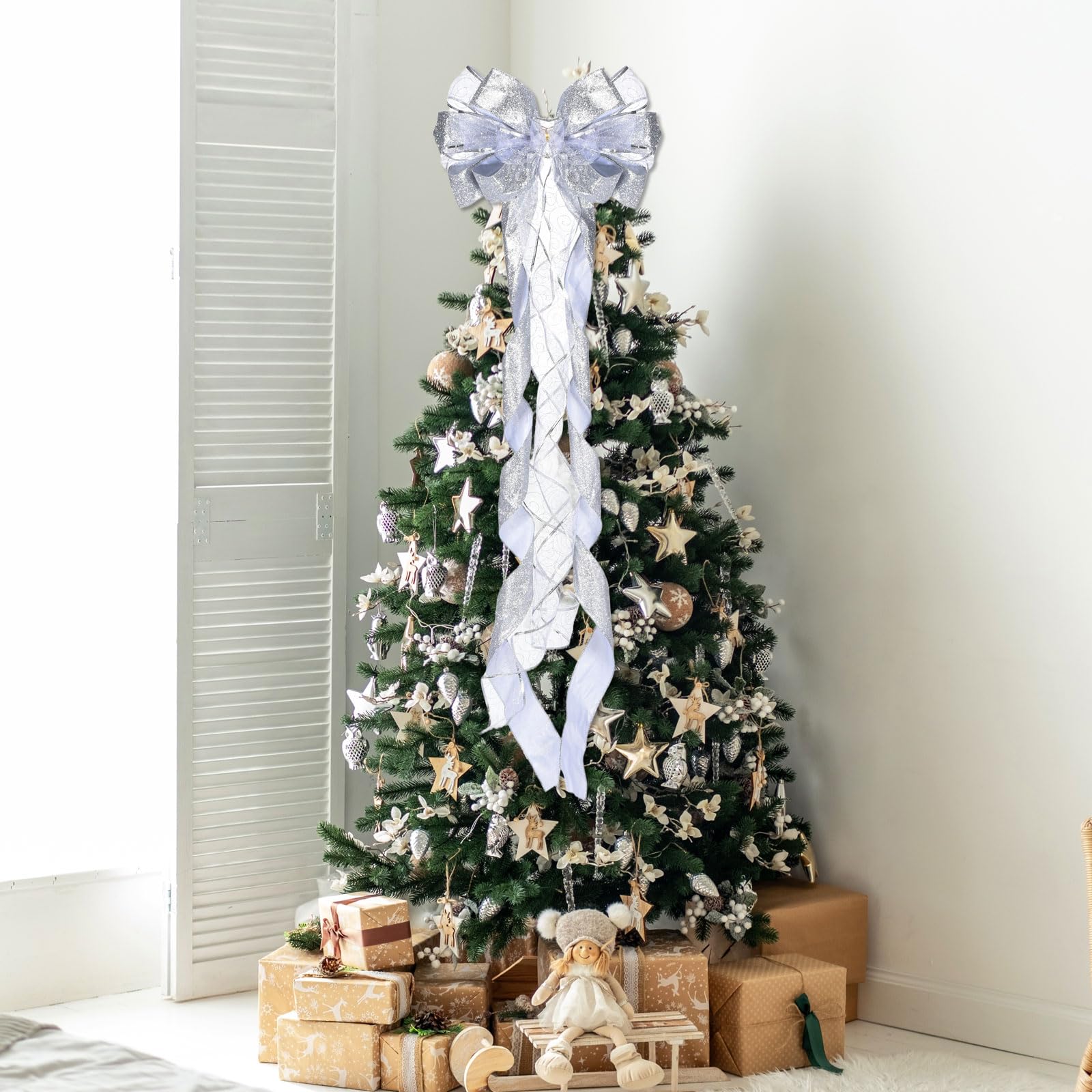 PATIKIL 2 Pcs Grand Nœud d'arbre 52"x13" Décoration De Fleur Argenté | Pour Sapin De Noël Avec Longues Banderoles Et Ruban À Motifs De Flocons De Neige Pour Mariage Anniversaire Fête Party